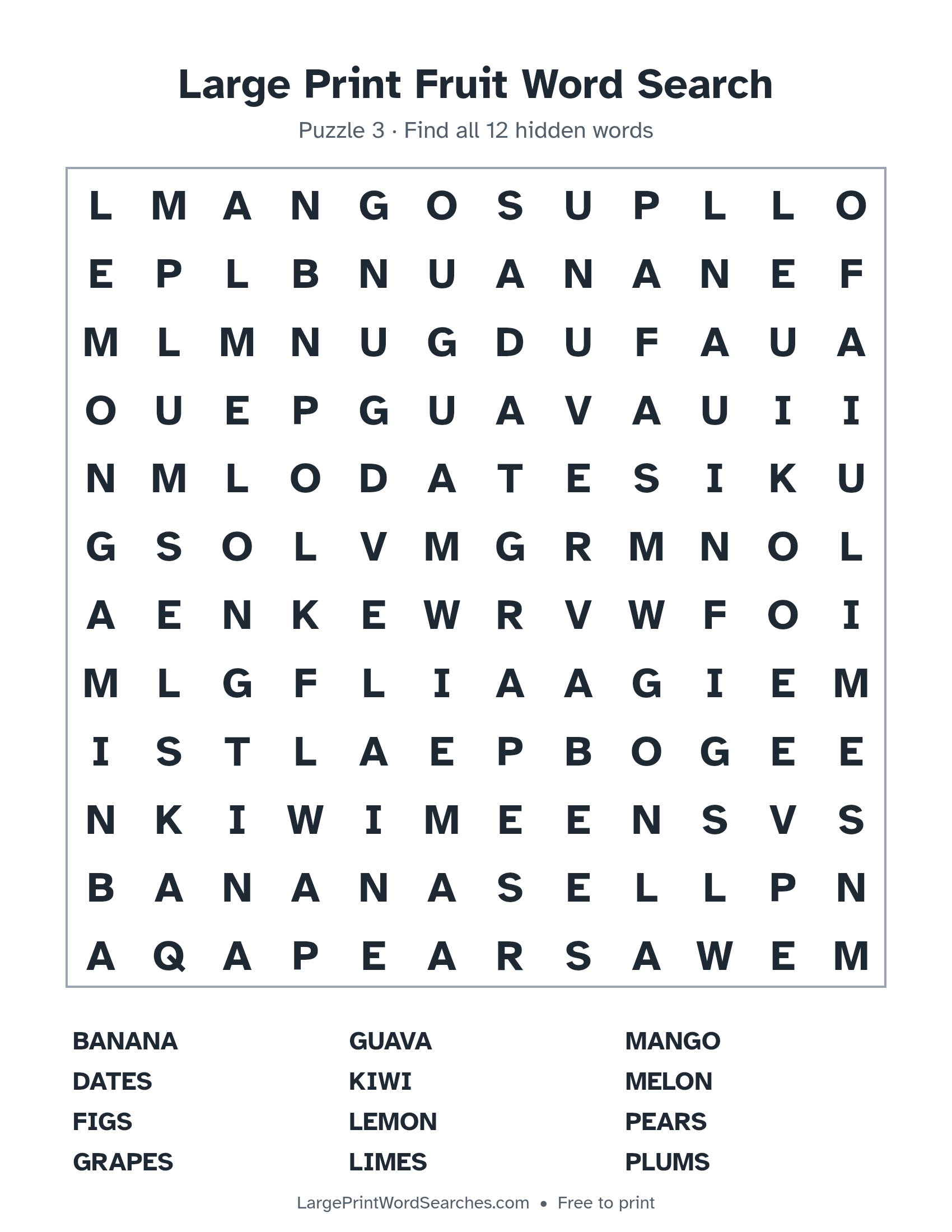 Large Print Fruit Word Search puzzle 3: a 12 by 12 letter grid with 12 hidden words in large print