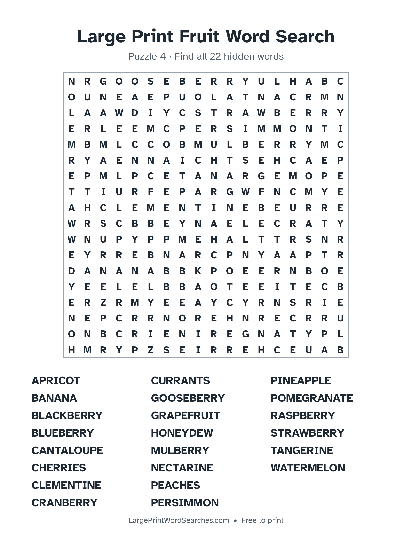 Large Print Fruit Word Search puzzle 4: a 18 by 18 letter grid with 22 hidden words in large print