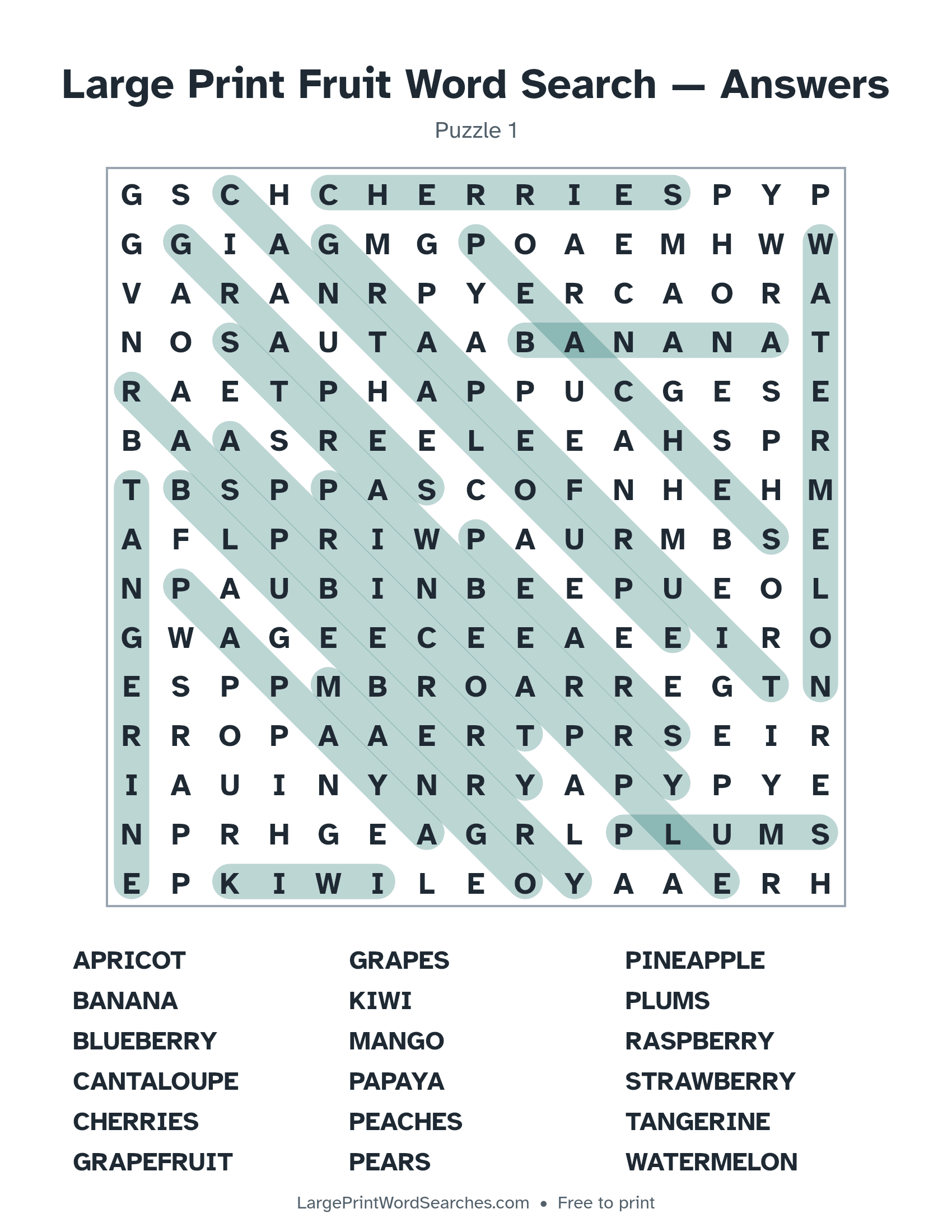 Answer key for large print fruit word search puzzle 1 with every hidden word highlighted
