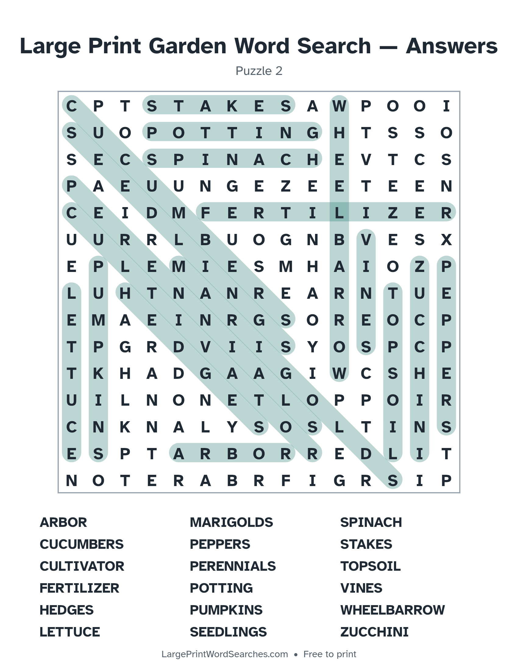 Answer key for large print garden word search puzzle 2 with every hidden word highlighted
