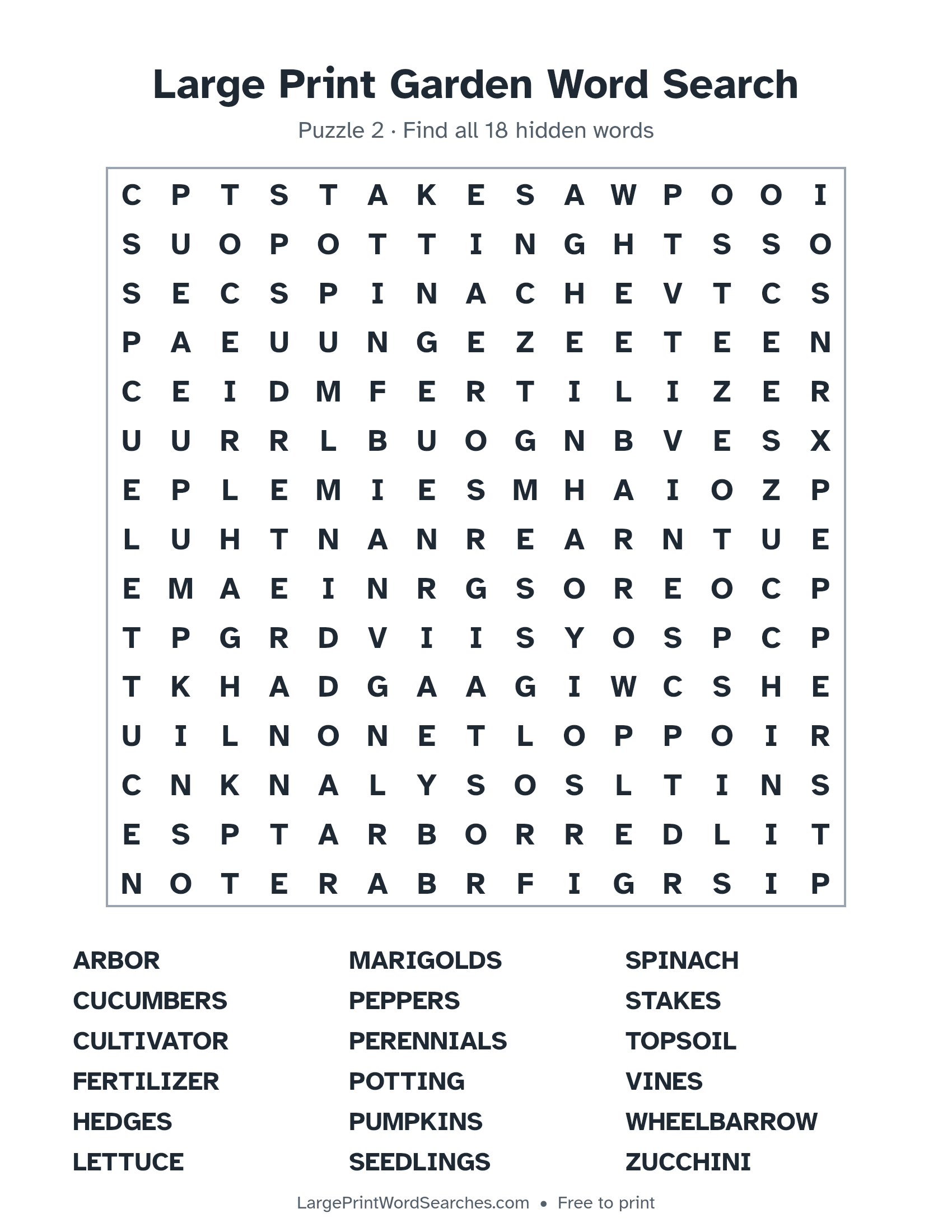 Large Print Garden Word Search puzzle 2: a 15 by 15 letter grid with 18 hidden words in large print
