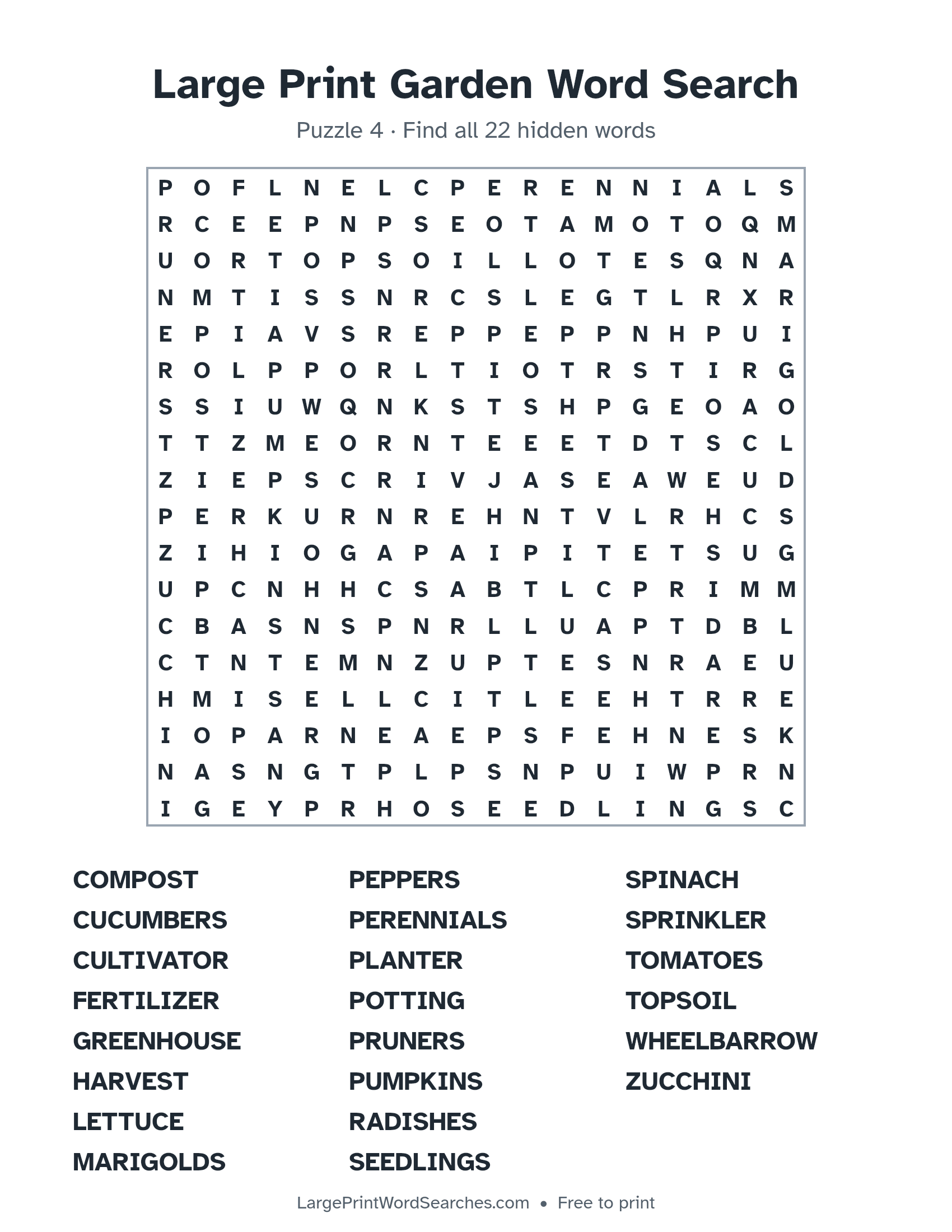 Large Print Garden Word Search puzzle 4: a 18 by 18 letter grid with 22 hidden words in large print
