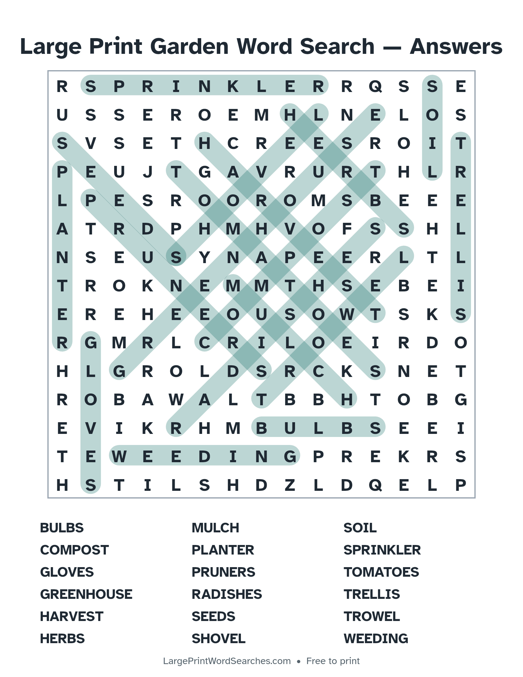 Answer key for large print garden word search puzzle 1 with every hidden word highlighted