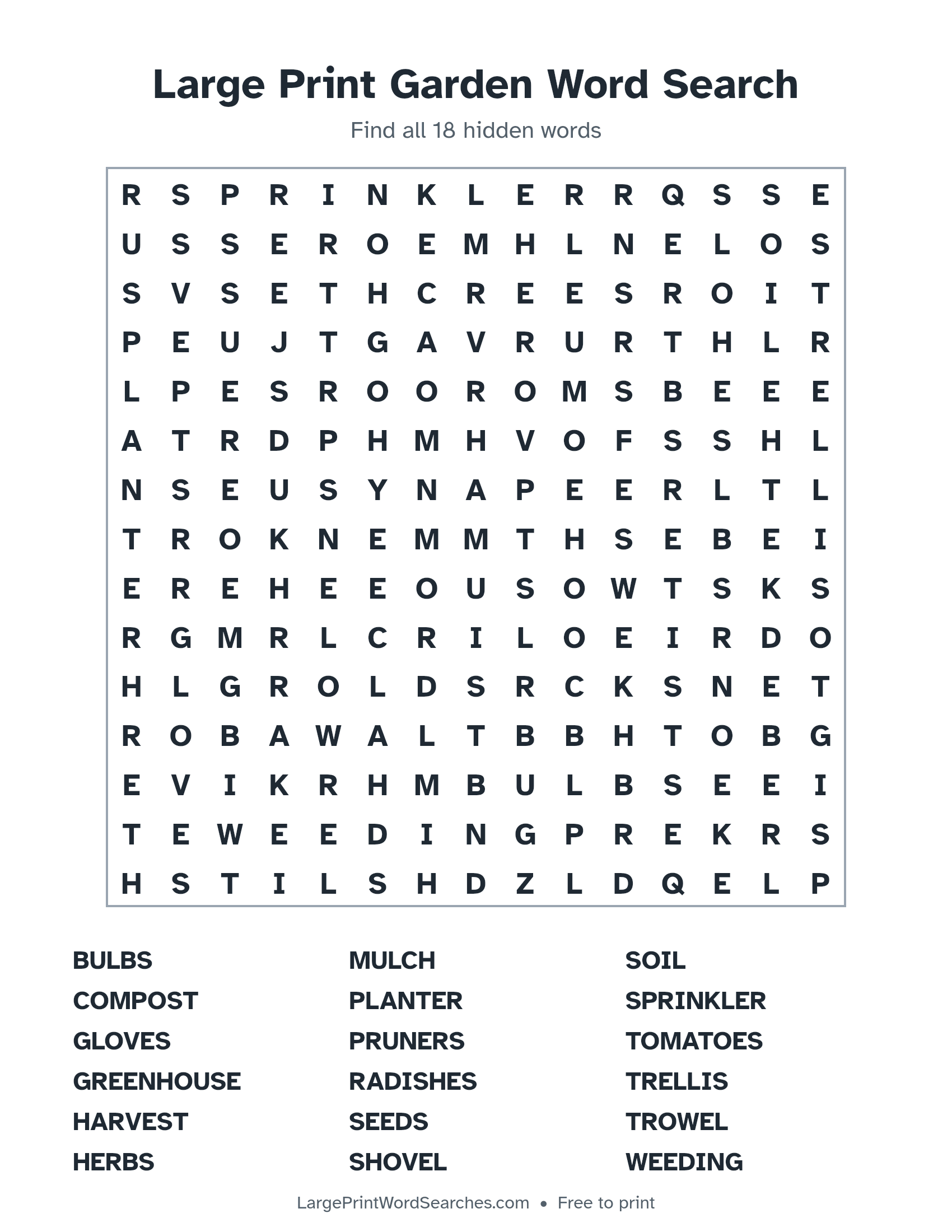 Large Print Garden Word Search puzzle 1: a 15 by 15 letter grid with 18 hidden words in large print