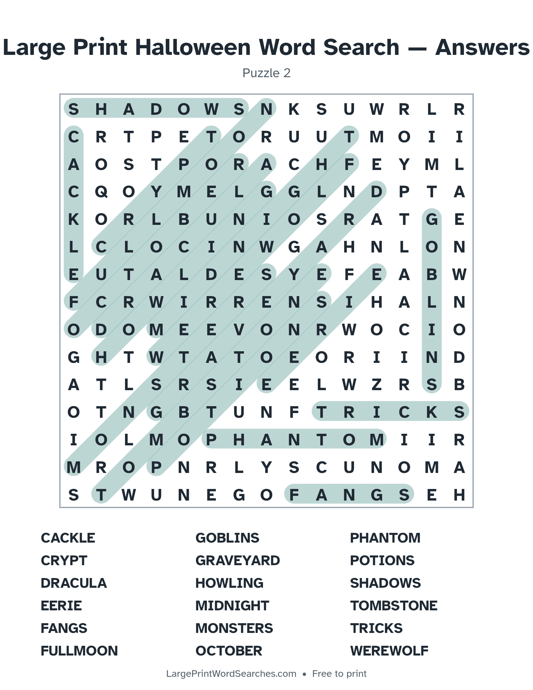 Answer key for large print halloween word search puzzle 2 with every hidden word highlighted