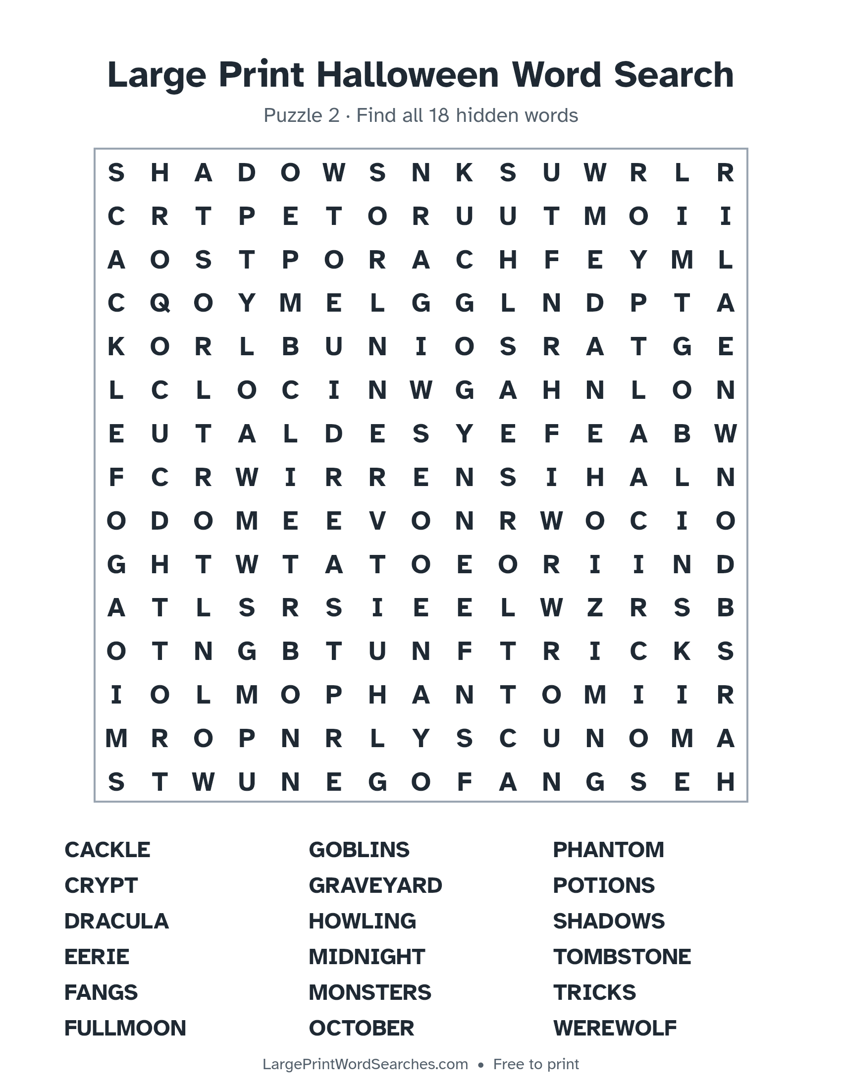 Large Print Halloween Word Search puzzle 2: a 15 by 15 letter grid with 18 hidden words in large print