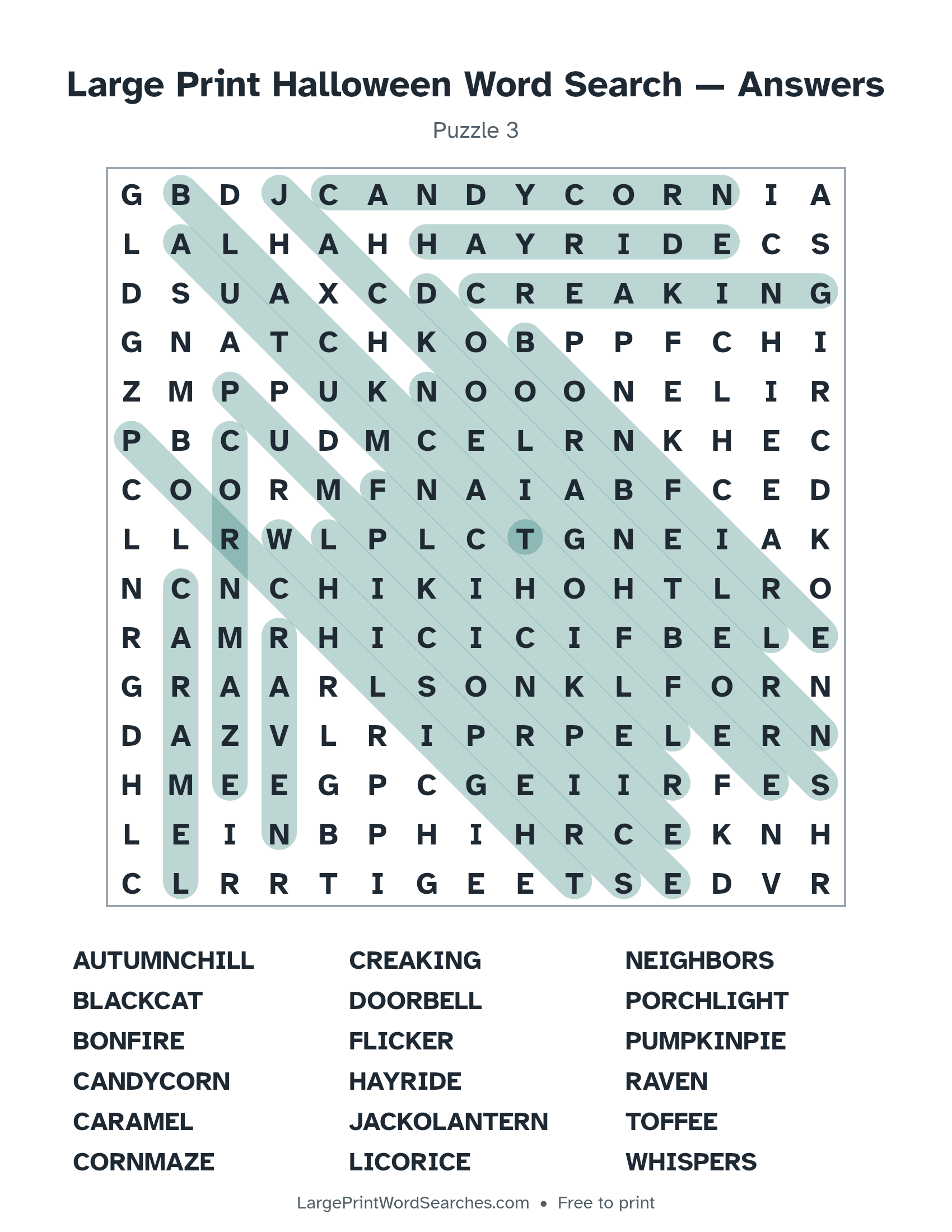 Answer key for large print halloween word search puzzle 3 with every hidden word highlighted