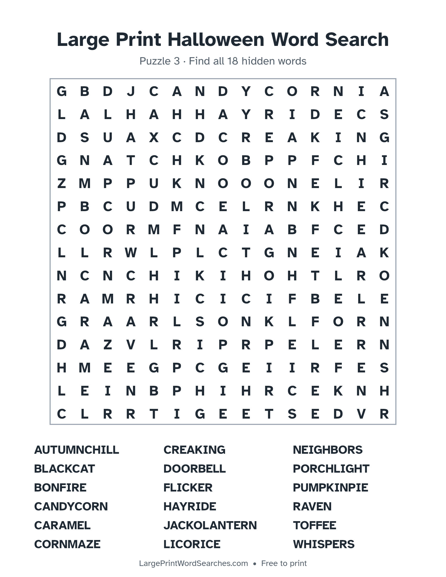 Large Print Halloween Word Search puzzle 3: a 15 by 15 letter grid with 18 hidden words in large print