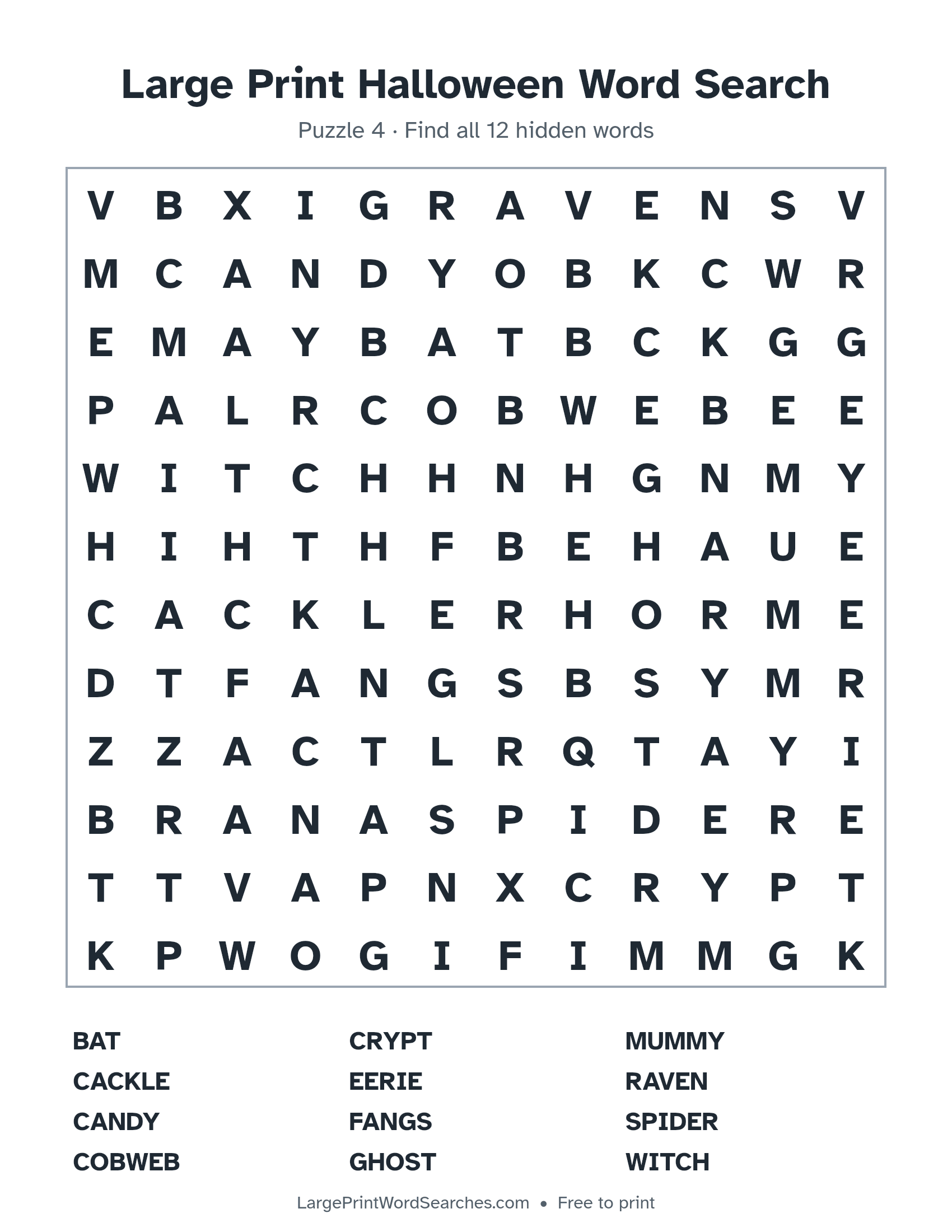 Large Print Halloween Word Search puzzle 4: a 12 by 12 letter grid with 12 hidden words in large print