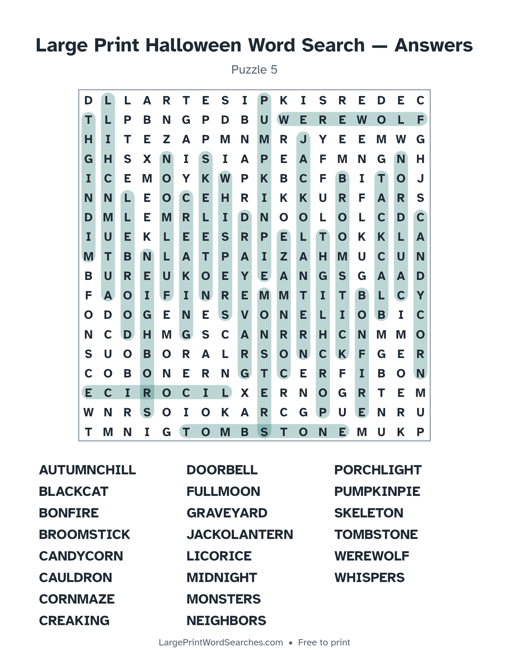 Answer key for large print halloween word search puzzle 5 with every hidden word highlighted
