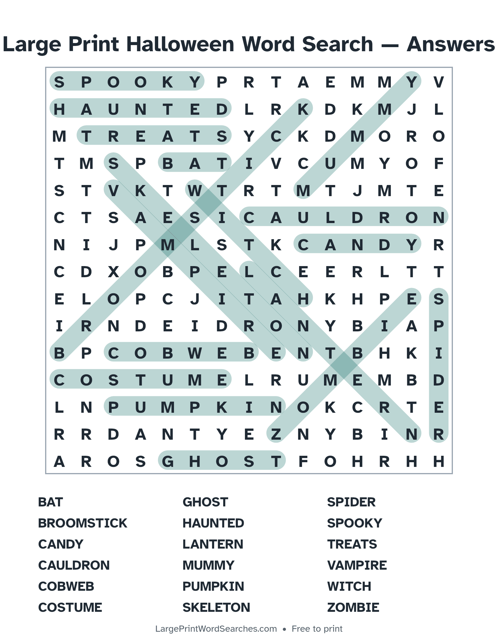 Answer key for large print halloween word search puzzle 1 with every hidden word highlighted