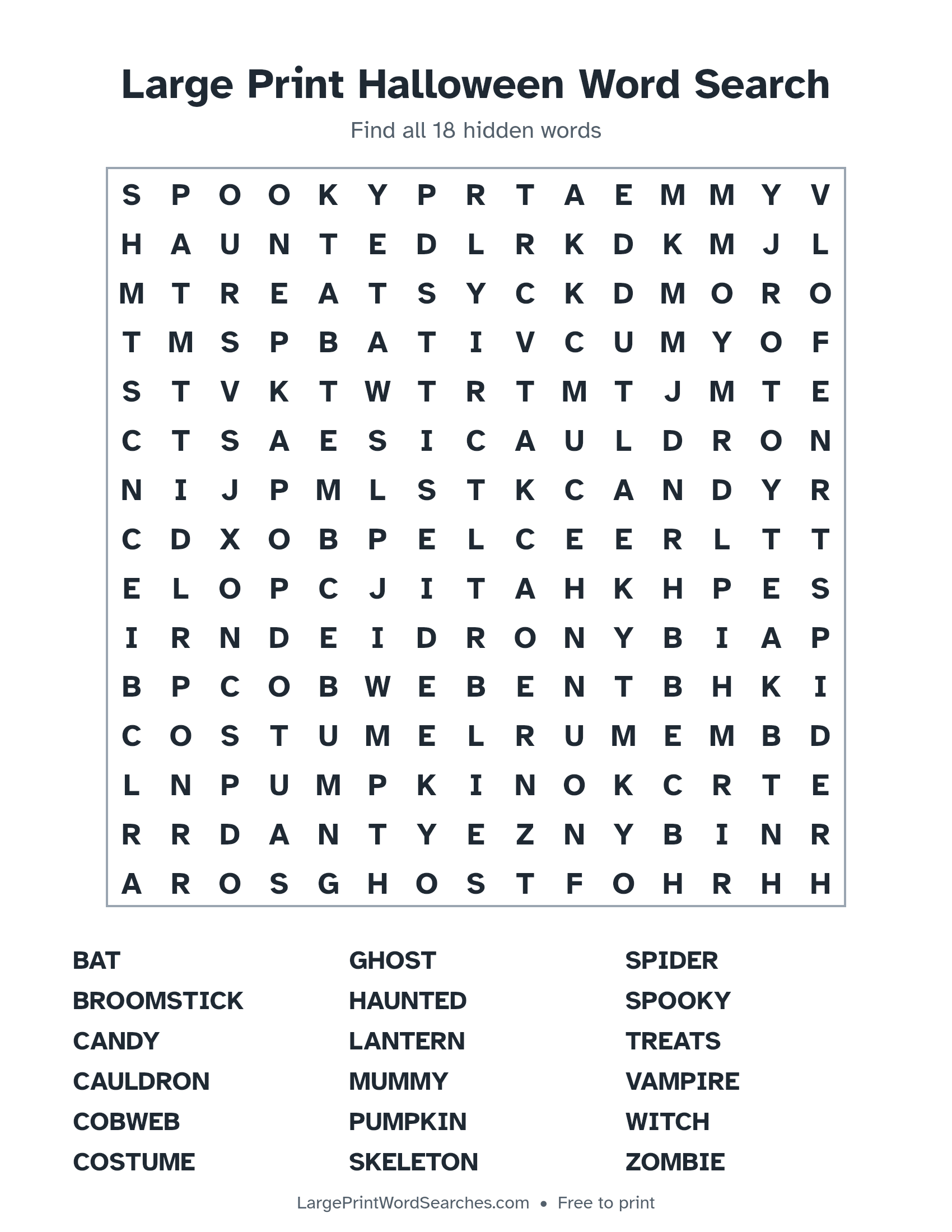 Large Print Halloween Word Search puzzle 1: a 15 by 15 letter grid with 18 hidden words in large print