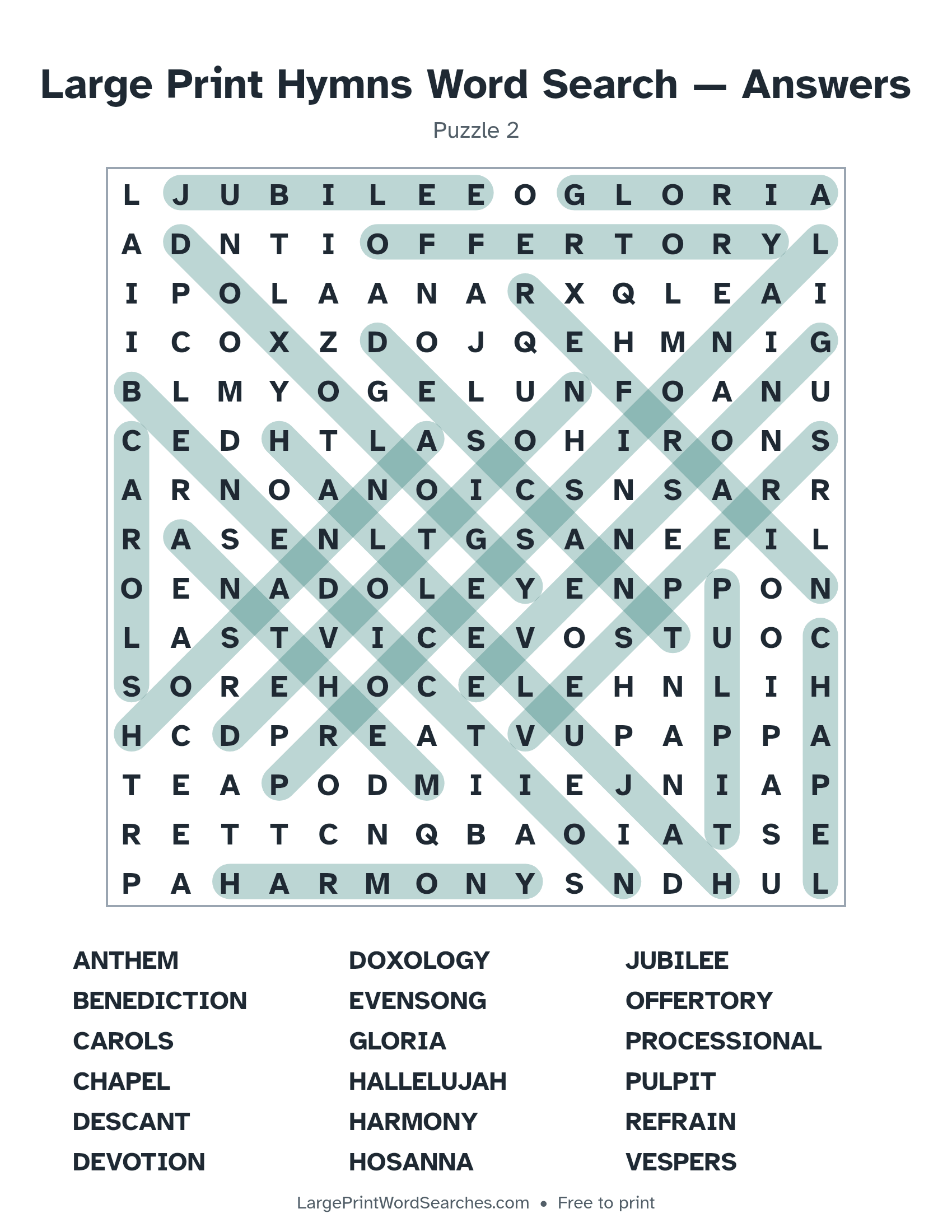 Answer key for large print hymns word search puzzle 2 with every hidden word highlighted
