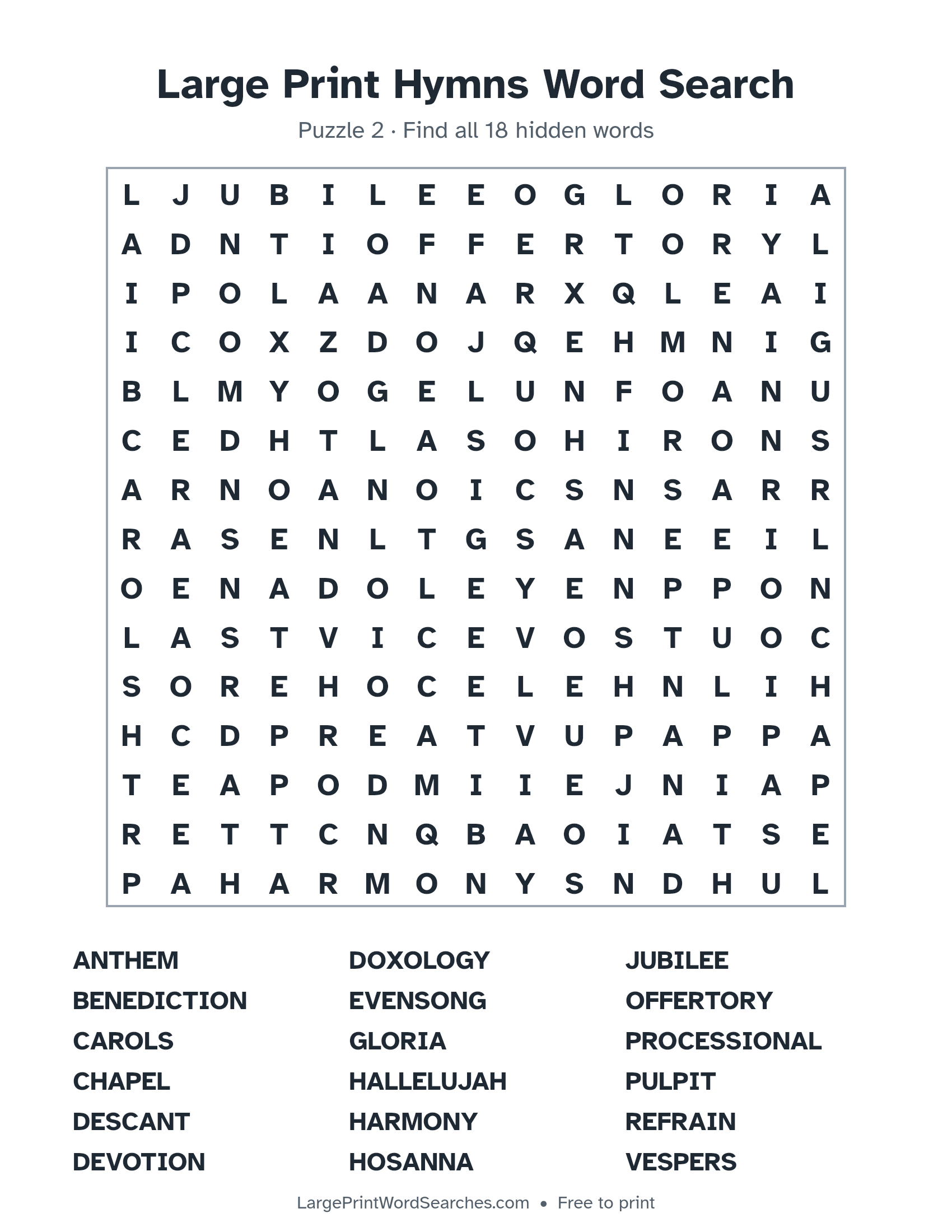 Large Print Hymns Word Search puzzle 2: a 15 by 15 letter grid with 18 hidden words in large print