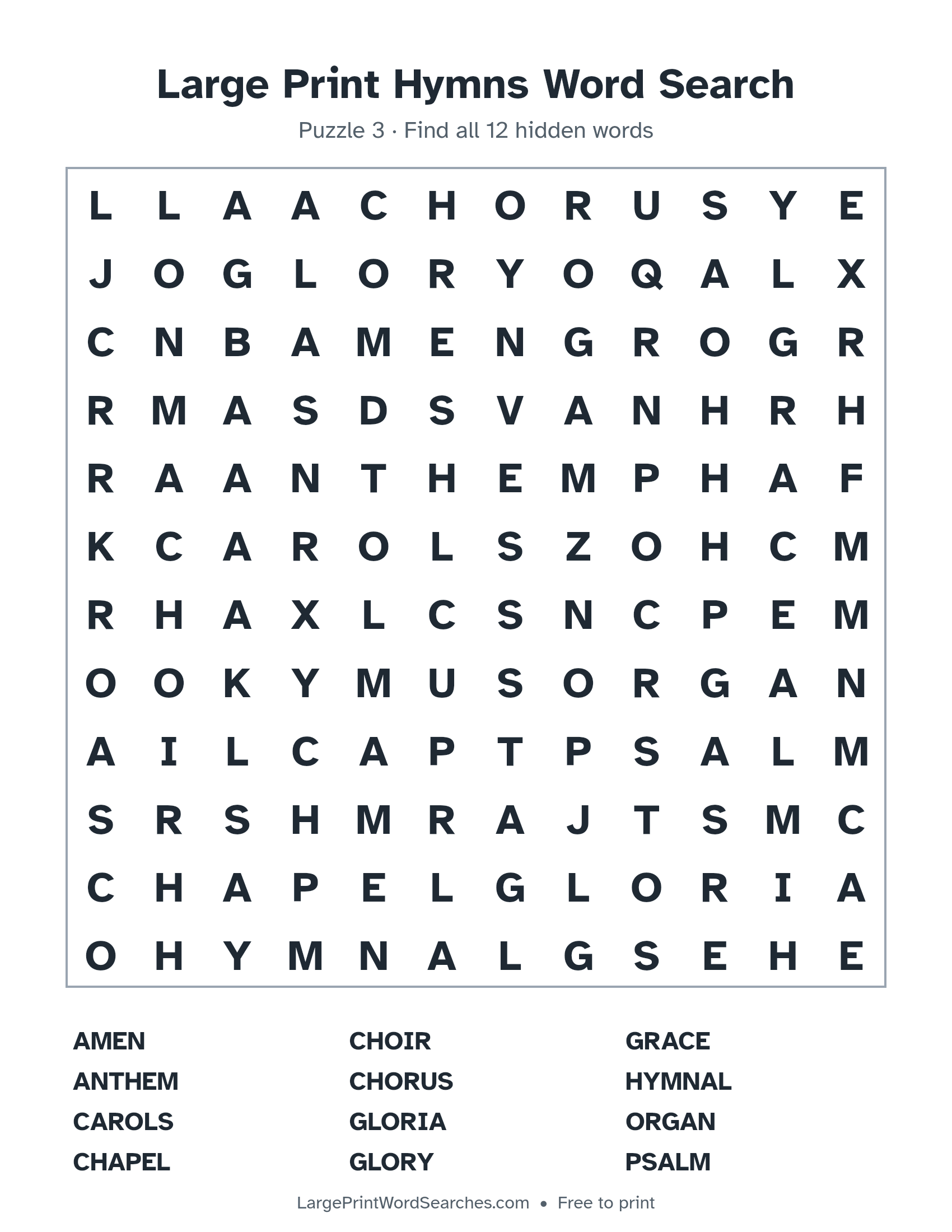 Large Print Hymns Word Search puzzle 3: a 12 by 12 letter grid with 12 hidden words in large print