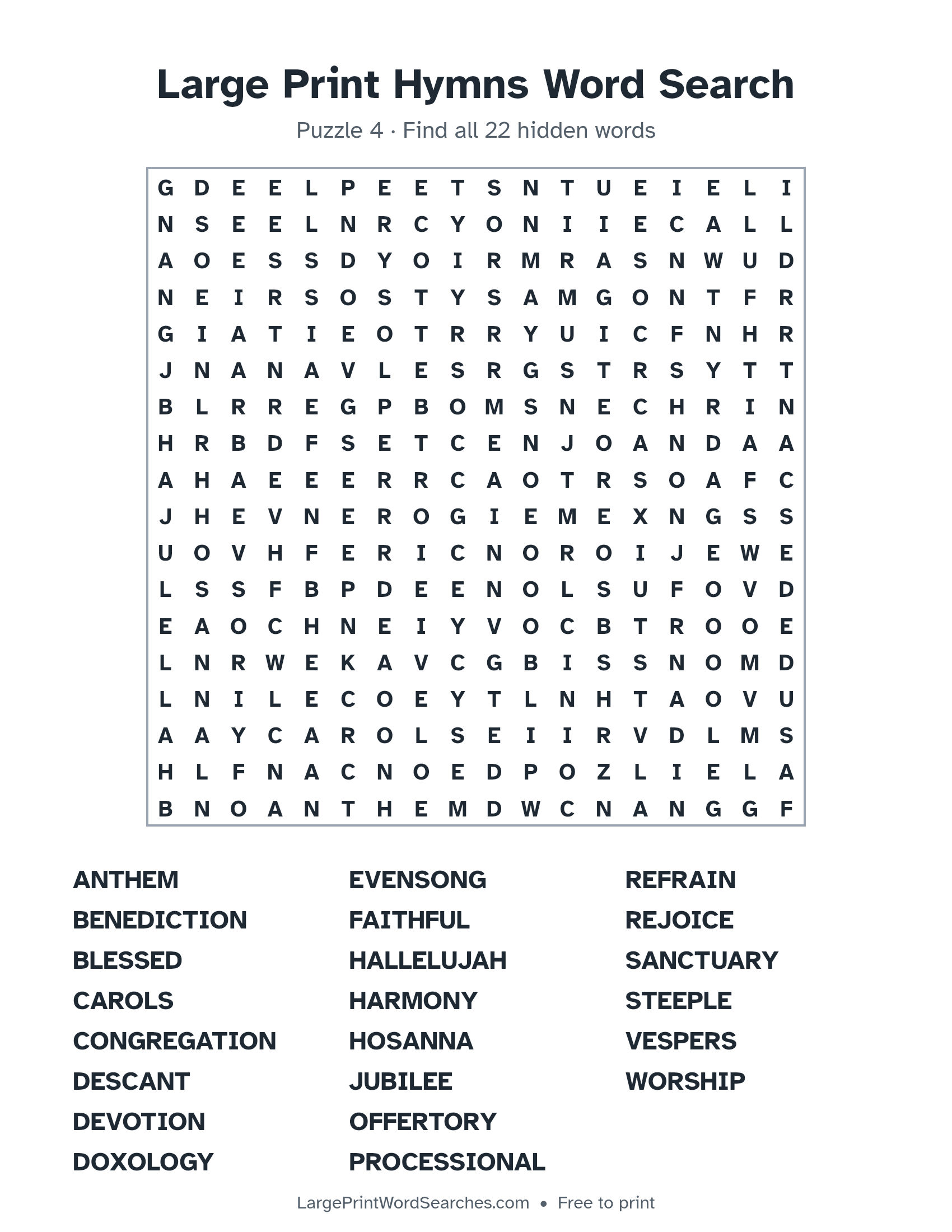 Large Print Hymns Word Search puzzle 4: a 18 by 18 letter grid with 22 hidden words in large print