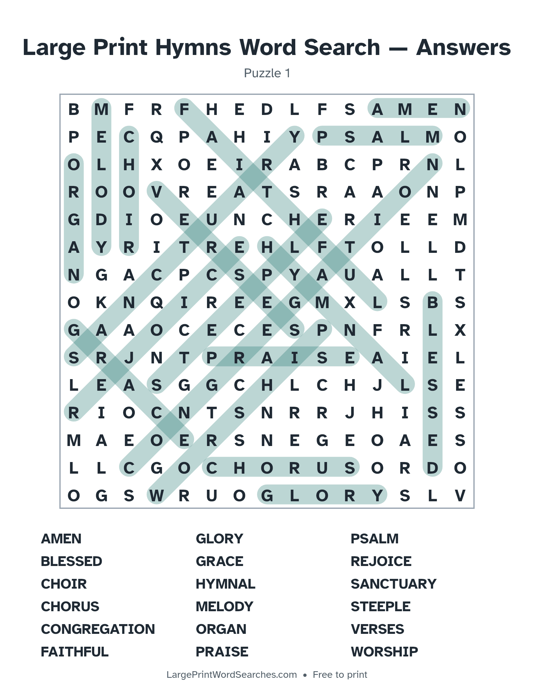 Answer key for large print hymns word search puzzle 1 with every hidden word highlighted