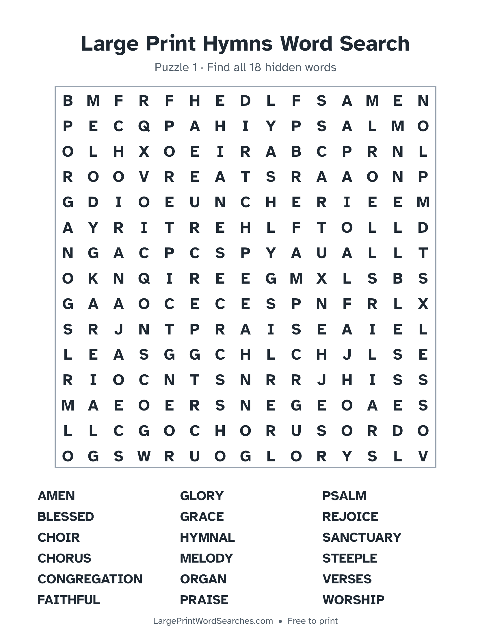 Large Print Hymns Word Search puzzle 1: a 15 by 15 letter grid with 18 hidden words in large print