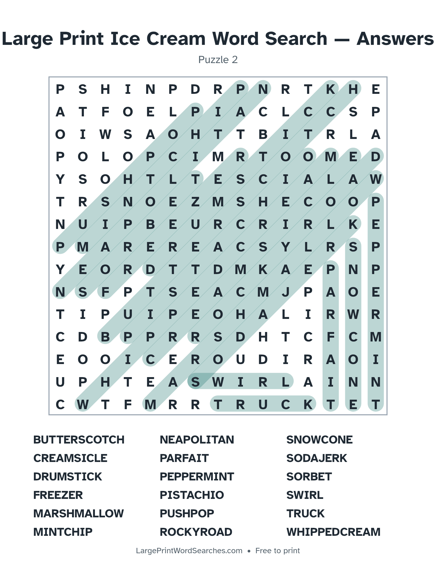 Answer key for large print ice cream word search puzzle 2 with every hidden word highlighted