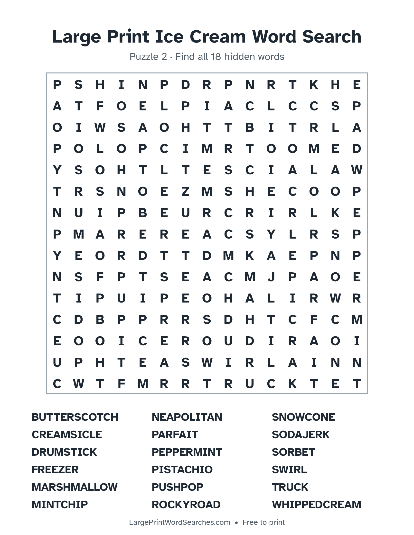 Large Print Ice Cream Word Search puzzle 2: a 15 by 15 letter grid with 18 hidden words in large print