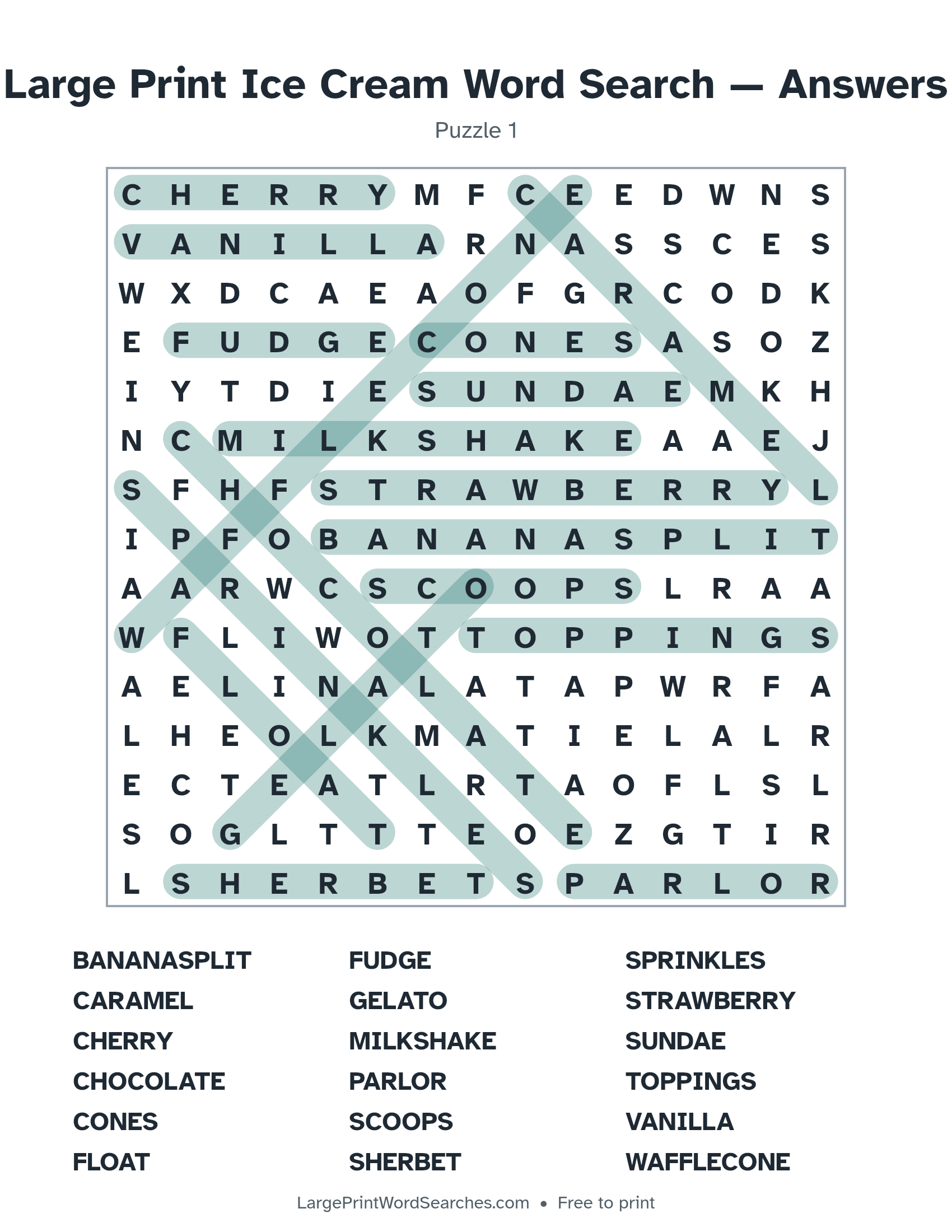 Answer key for large print ice cream word search puzzle 1 with every hidden word highlighted