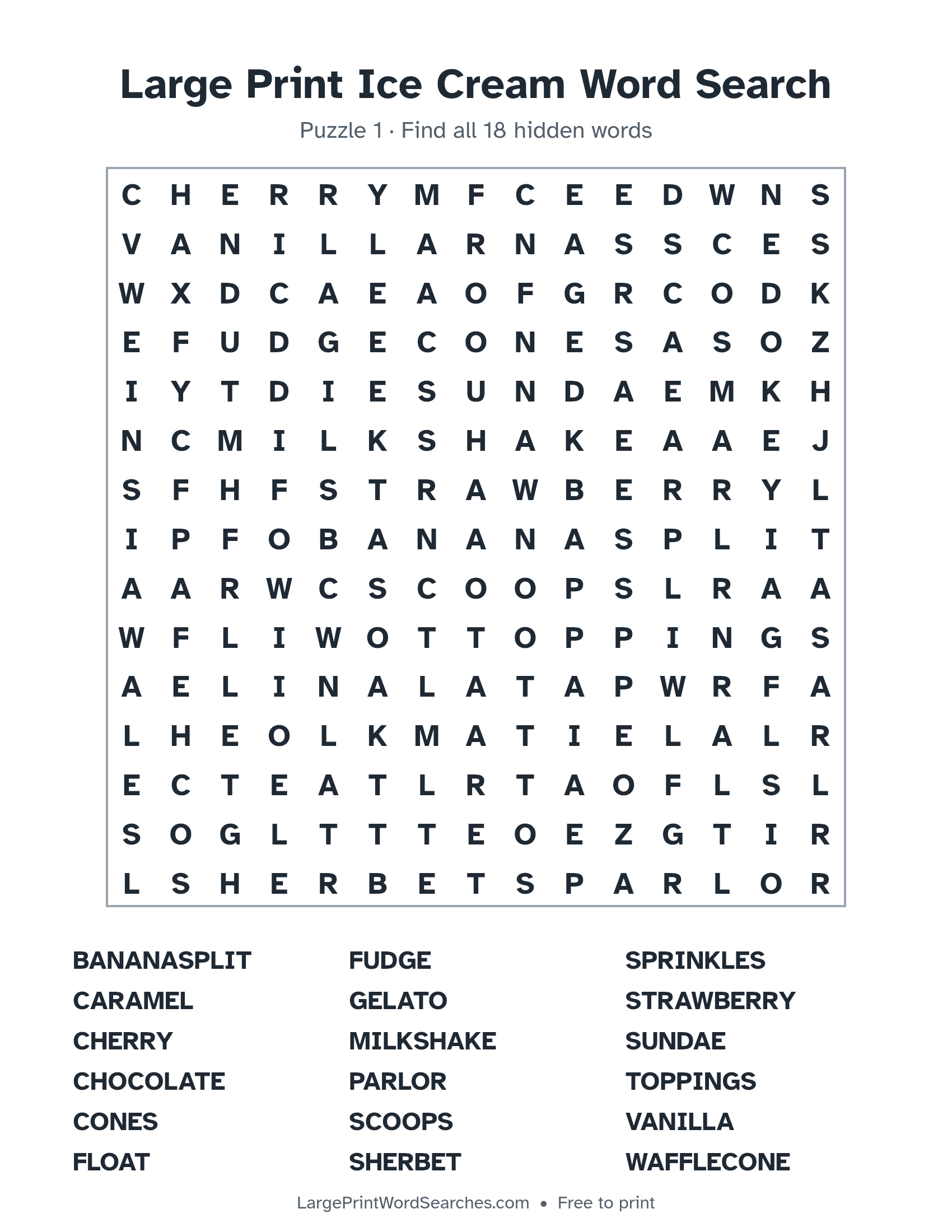 Large Print Ice Cream Word Search puzzle 1: a 15 by 15 letter grid with 18 hidden words in large print