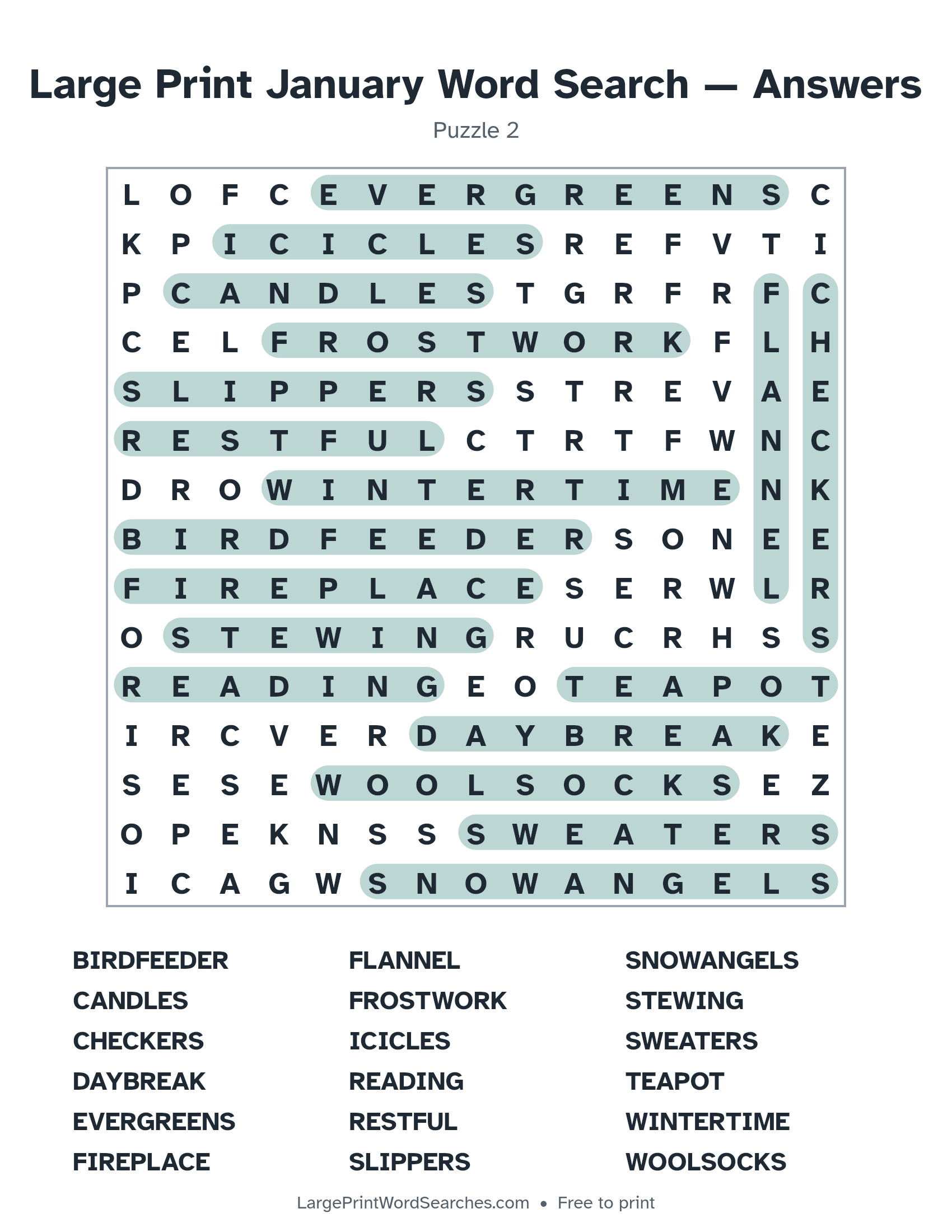 Answer key for large print january word search puzzle 2 with every hidden word highlighted