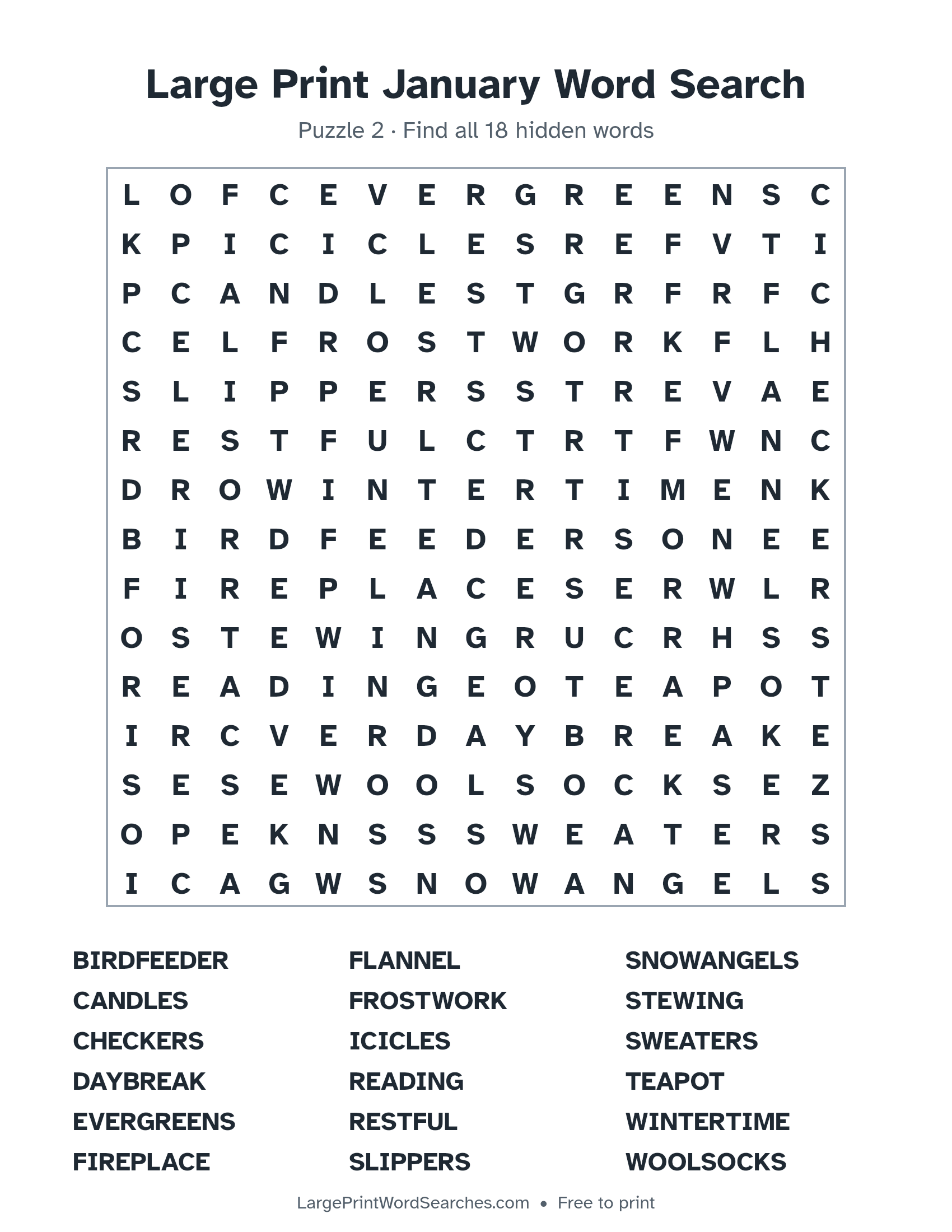 Large Print January Word Search puzzle 2: a 15 by 15 letter grid with 18 hidden words in large print