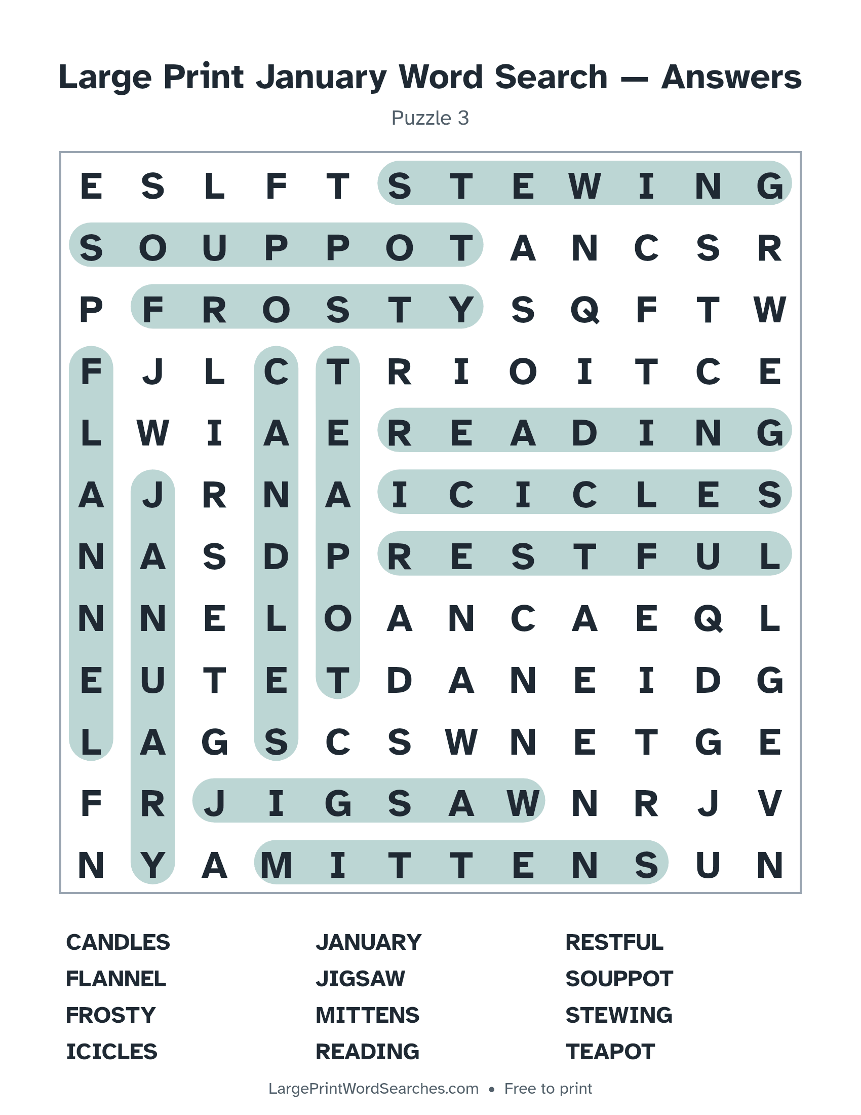 Answer key for large print january word search puzzle 3 with every hidden word highlighted