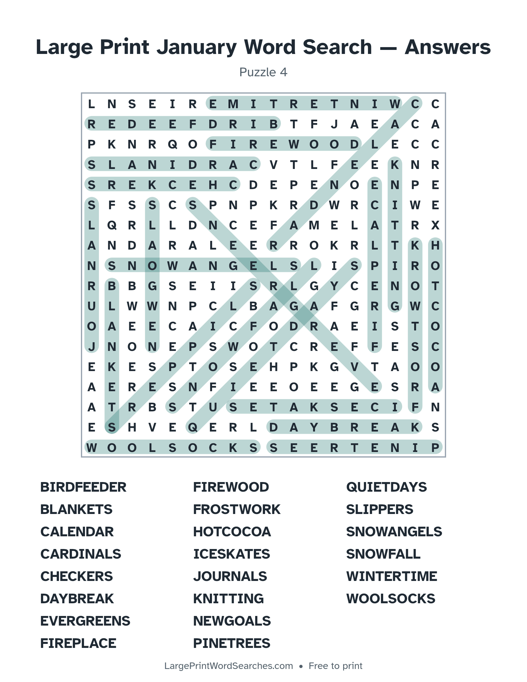 Answer key for large print january word search puzzle 4 with every hidden word highlighted