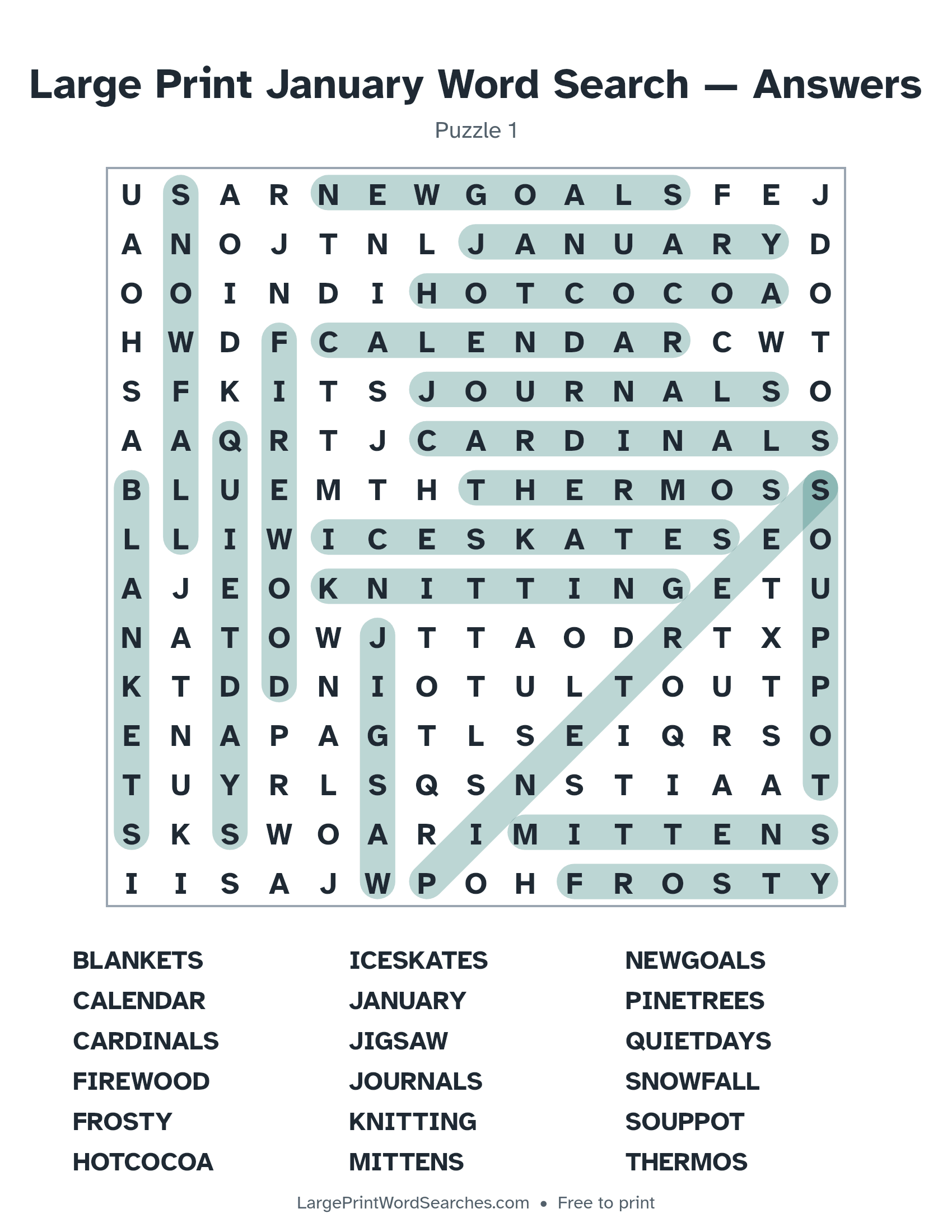 Answer key for large print january word search puzzle 1 with every hidden word highlighted