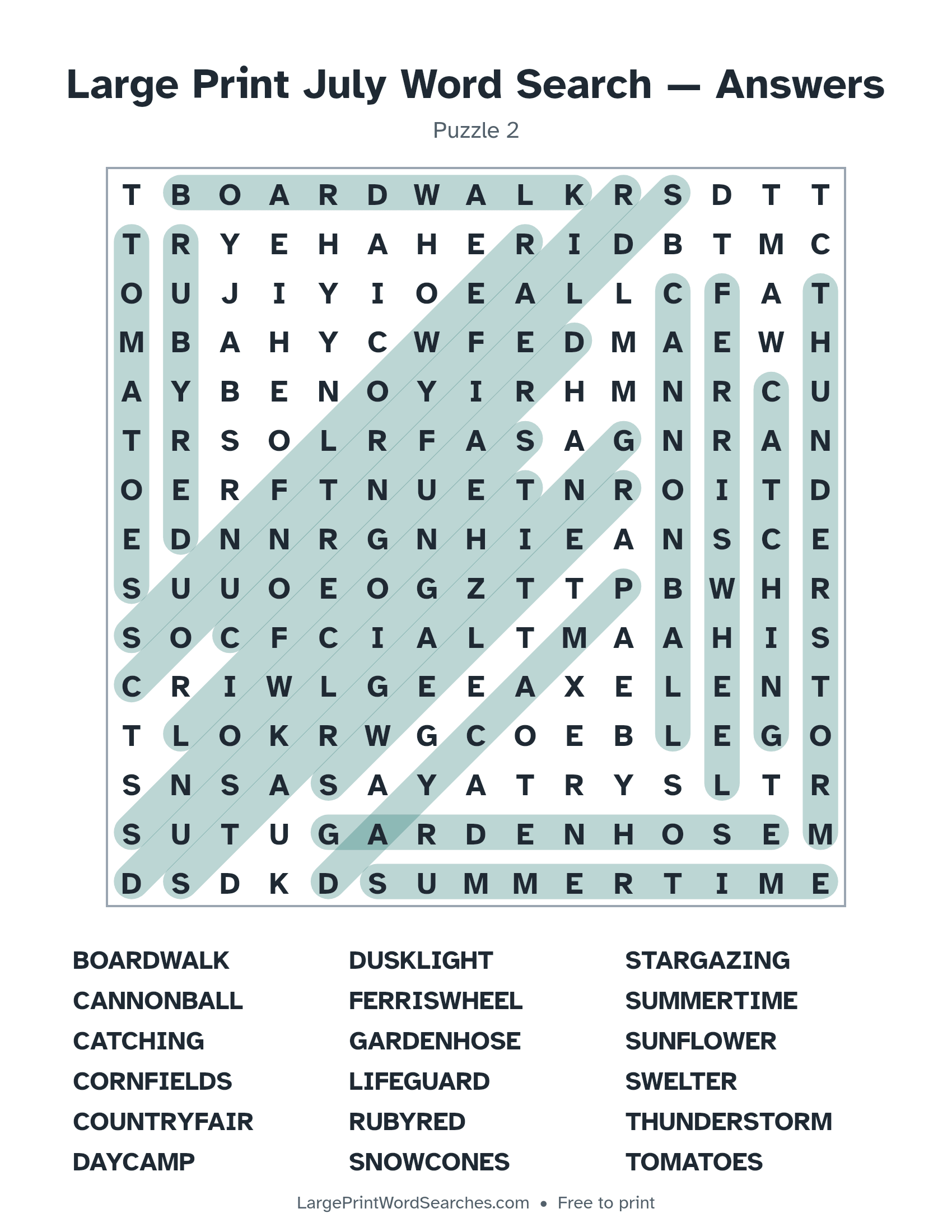 Answer key for large print july word search puzzle 2 with every hidden word highlighted