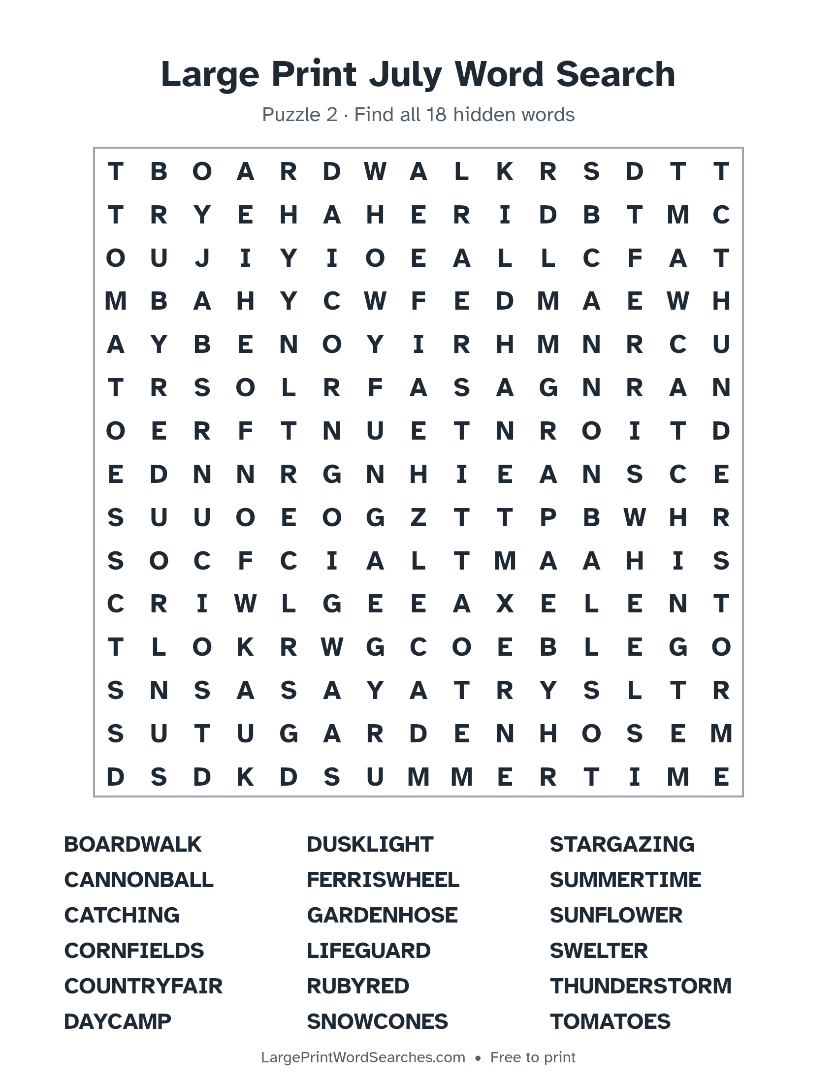 Large Print July Word Search puzzle 2: a 15 by 15 letter grid with 18 hidden words in large print