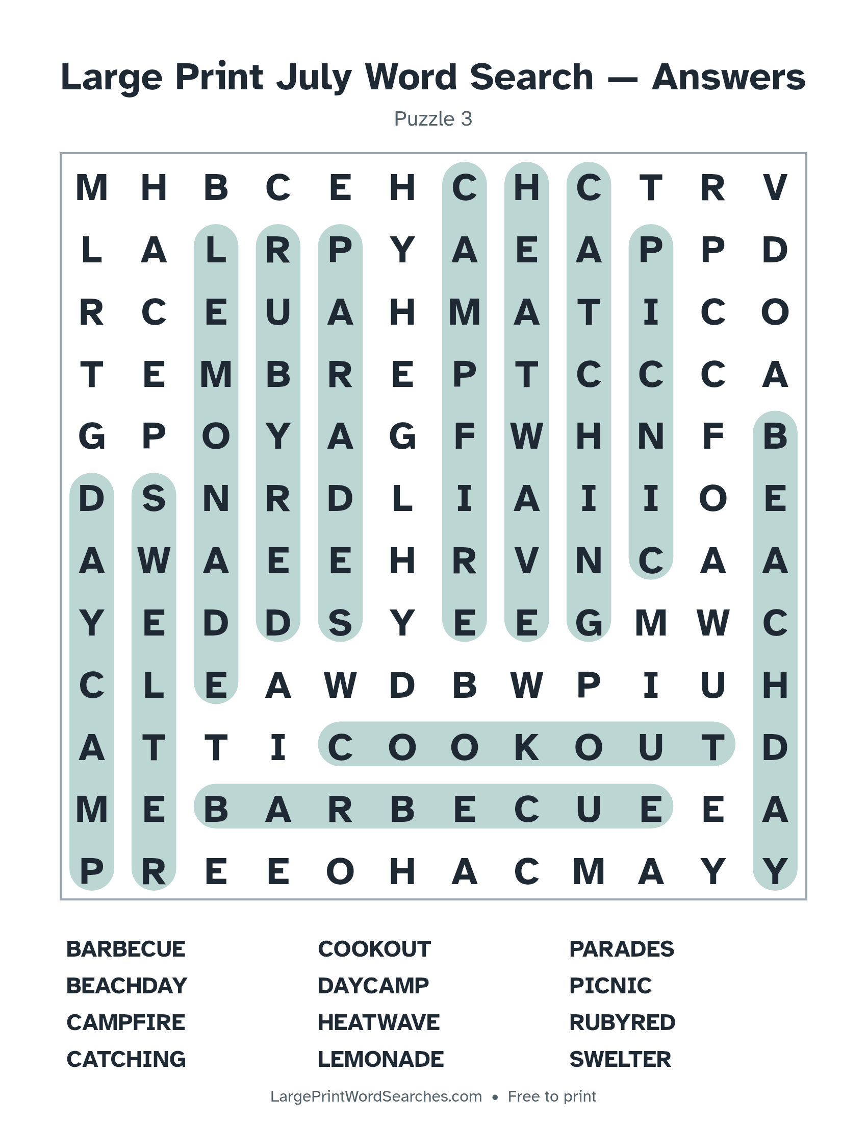Answer key for large print july word search puzzle 3 with every hidden word highlighted