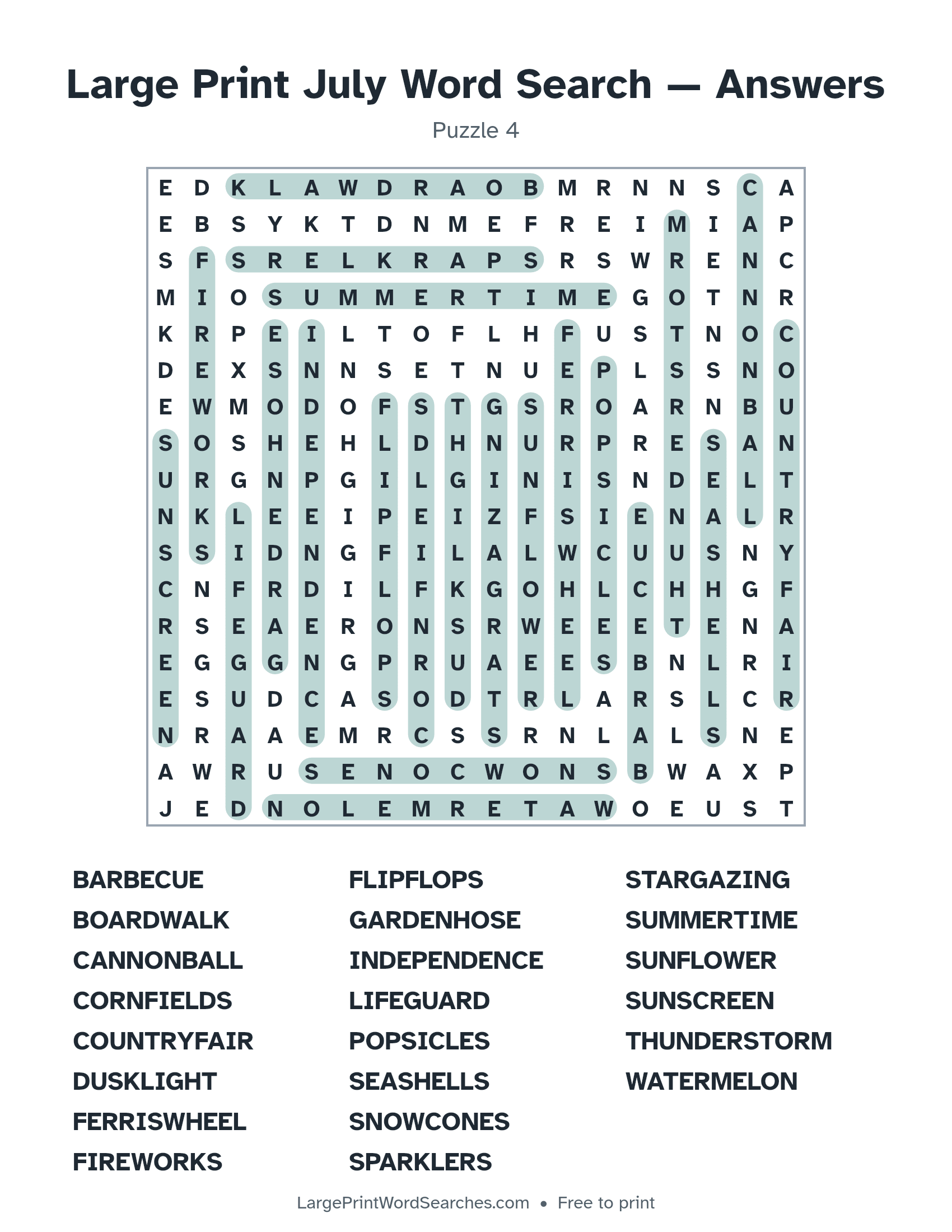 Answer key for large print july word search puzzle 4 with every hidden word highlighted