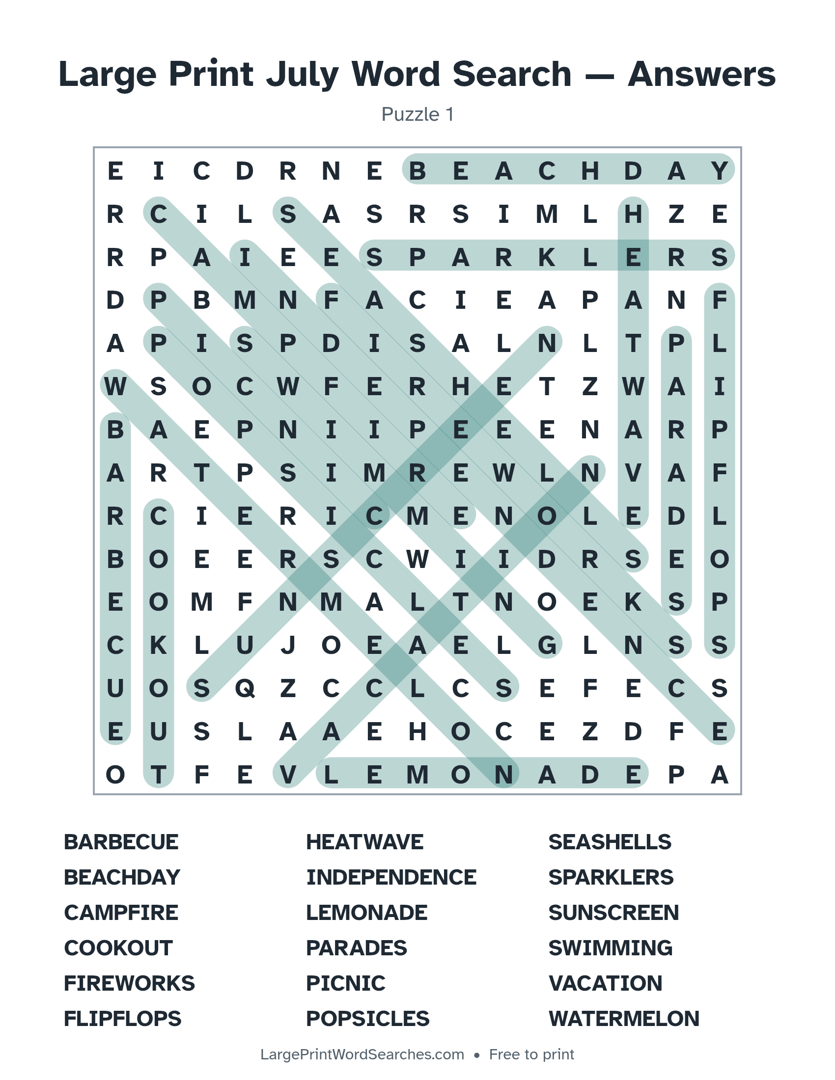 Answer key for large print july word search puzzle 1 with every hidden word highlighted