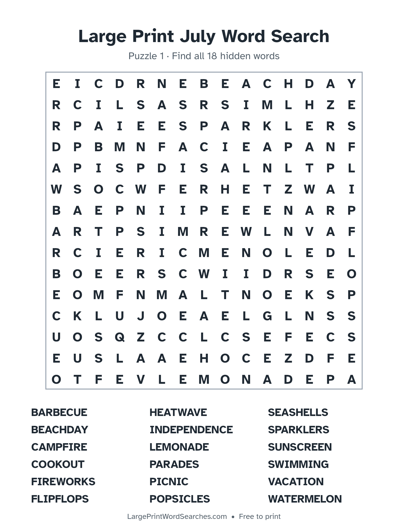 Large Print July Word Search puzzle 1: a 15 by 15 letter grid with 18 hidden words in large print