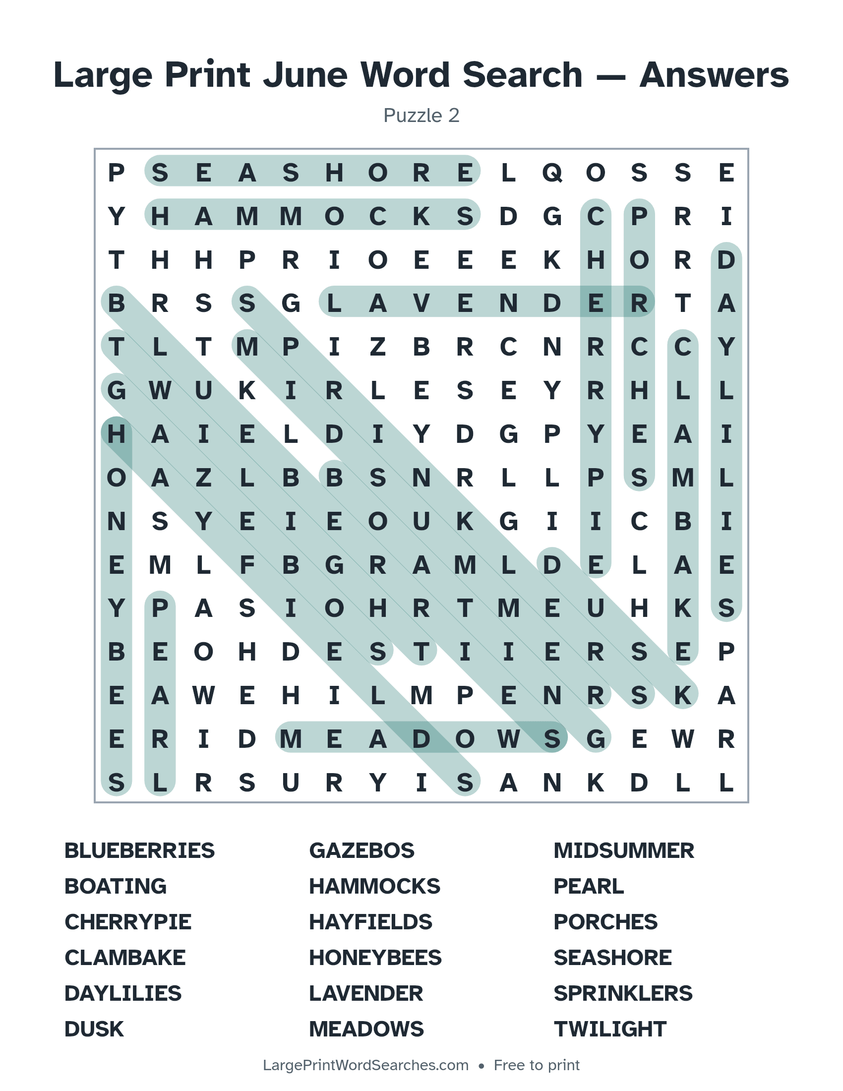 Answer key for large print june word search puzzle 2 with every hidden word highlighted