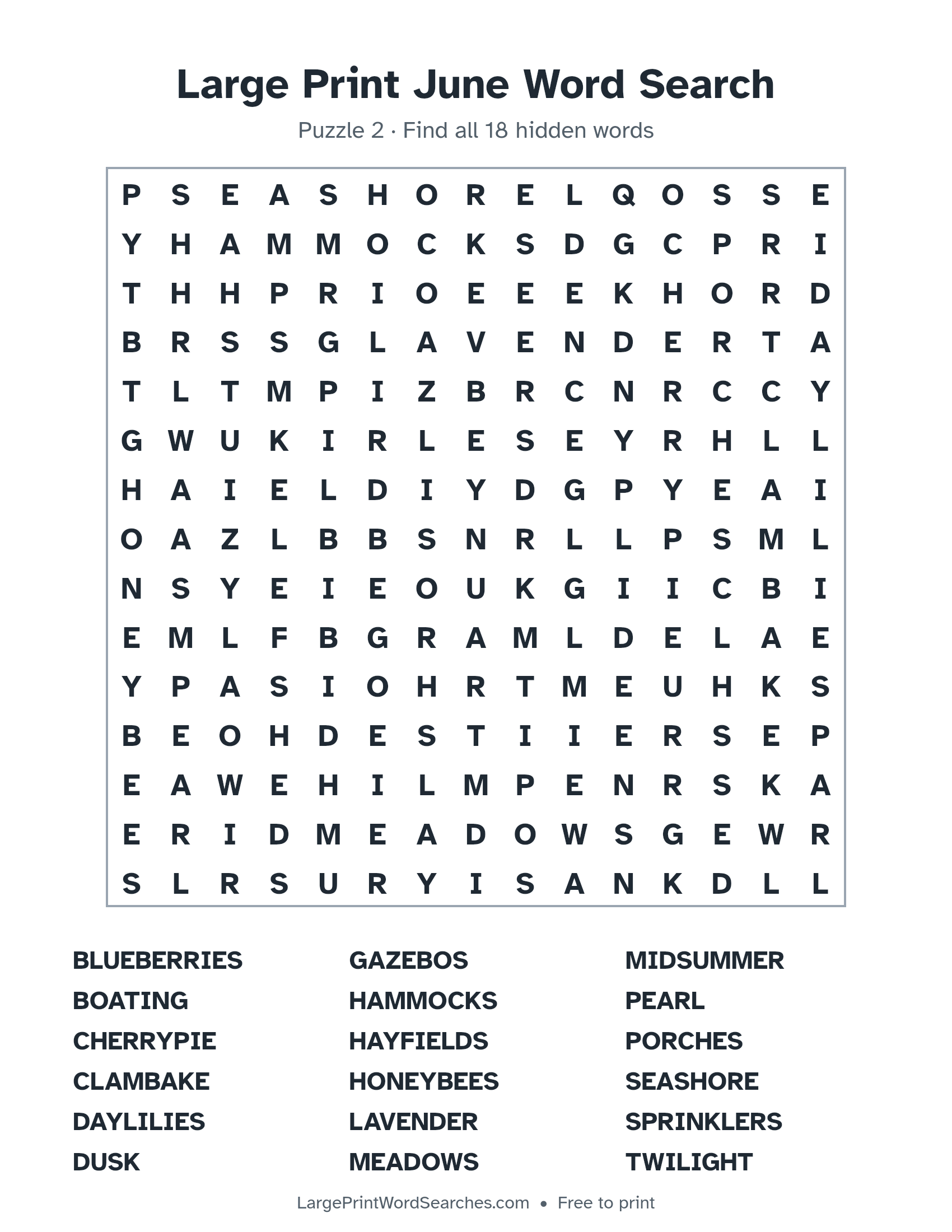 Large Print June Word Search puzzle 2: a 15 by 15 letter grid with 18 hidden words in large print