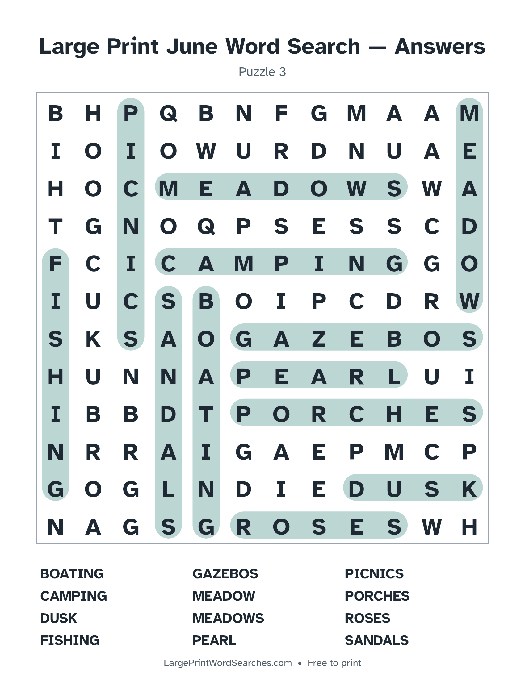 Answer key for large print june word search puzzle 3 with every hidden word highlighted