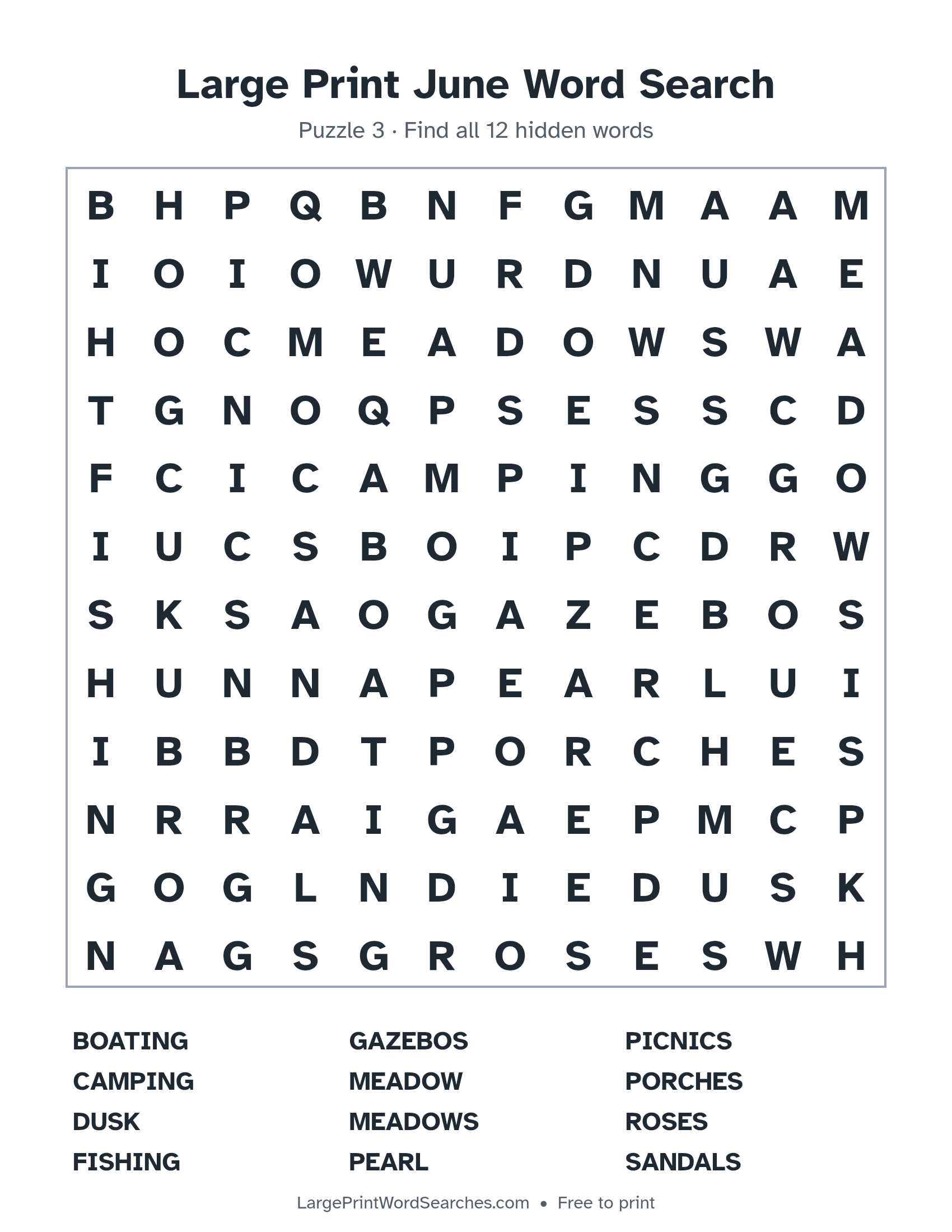 Large Print June Word Search puzzle 3: a 12 by 12 letter grid with 12 hidden words in large print