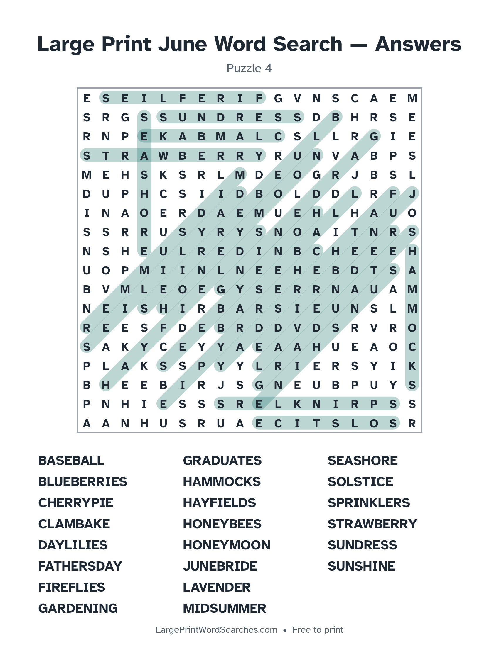Answer key for large print june word search puzzle 4 with every hidden word highlighted