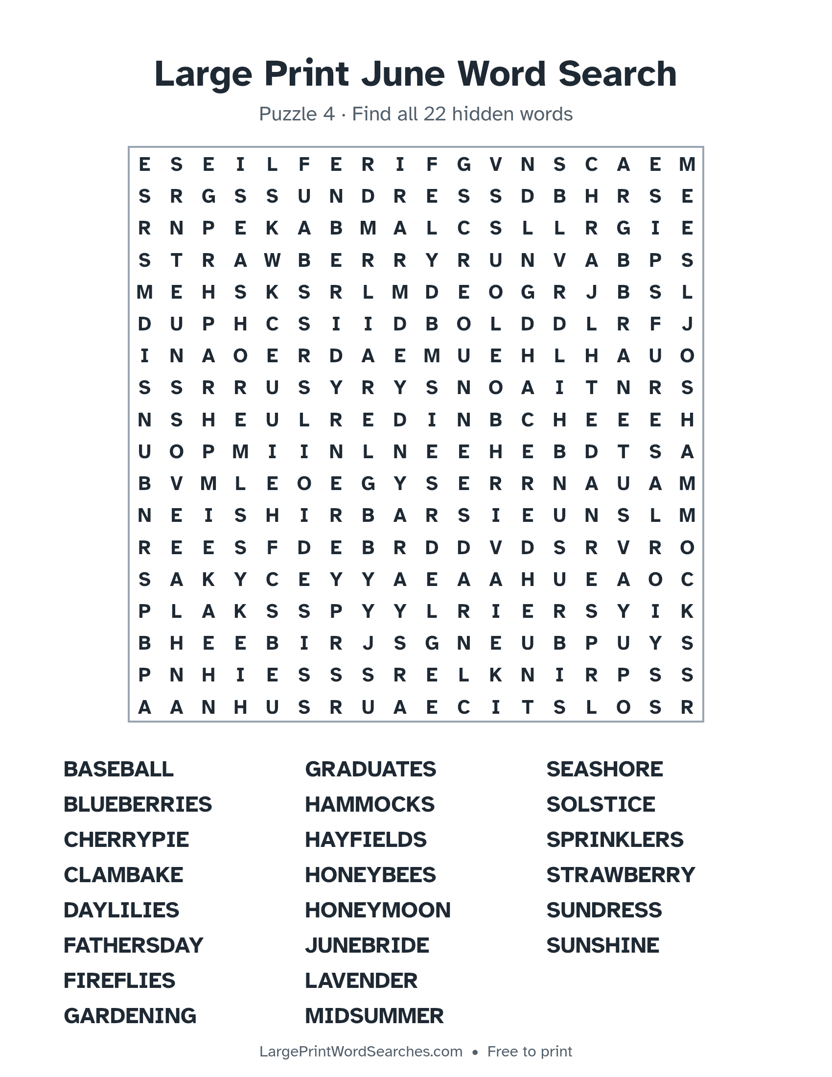 Large Print June Word Search puzzle 4: a 18 by 18 letter grid with 22 hidden words in large print