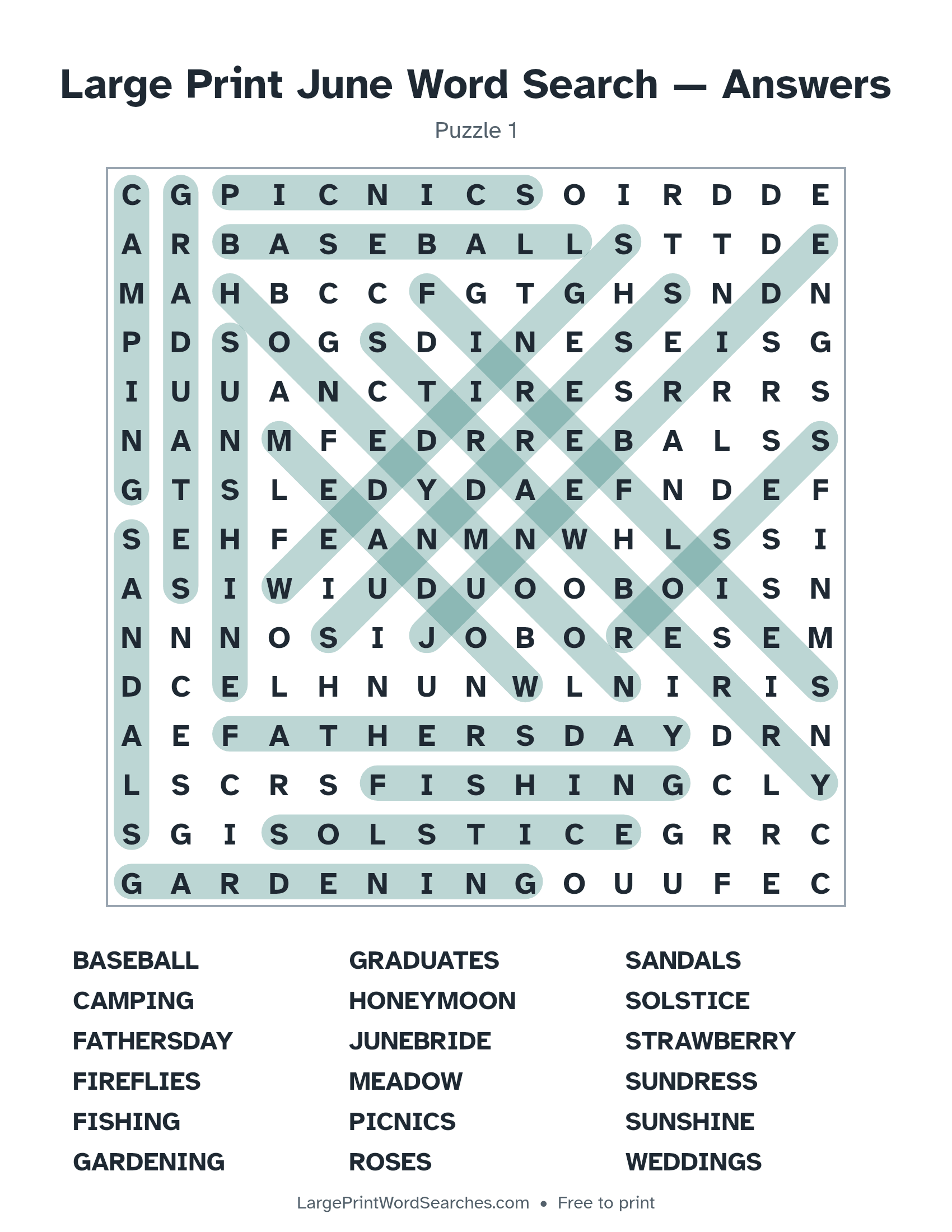 Answer key for large print june word search puzzle 1 with every hidden word highlighted