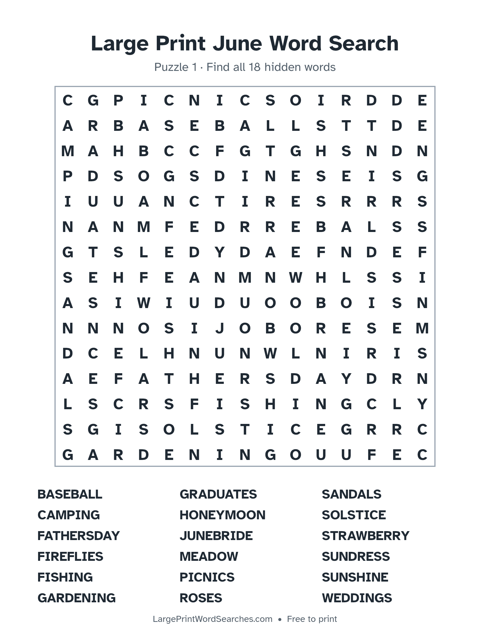Large Print June Word Search puzzle 1: a 15 by 15 letter grid with 18 hidden words in large print