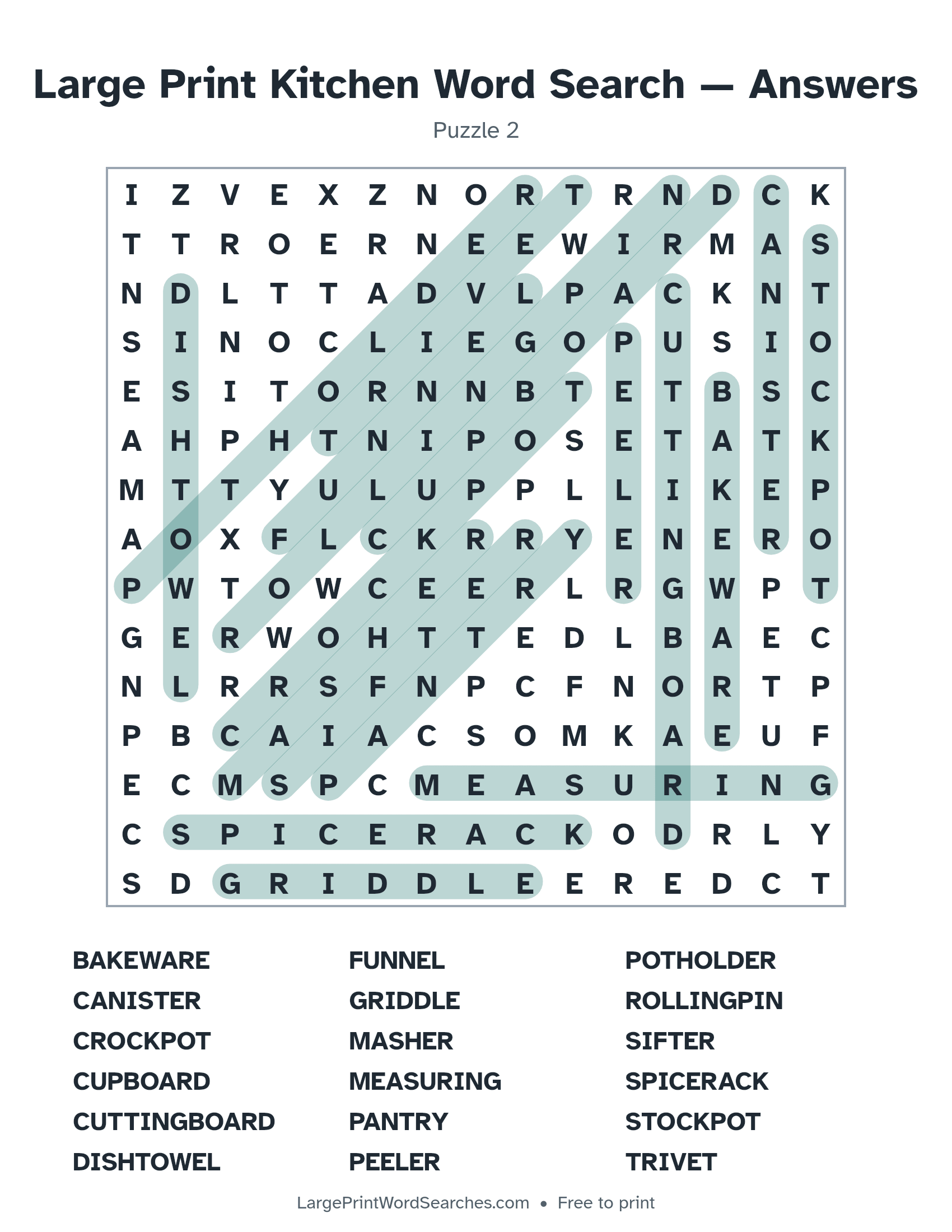 Answer key for large print kitchen word search puzzle 2 with every hidden word highlighted