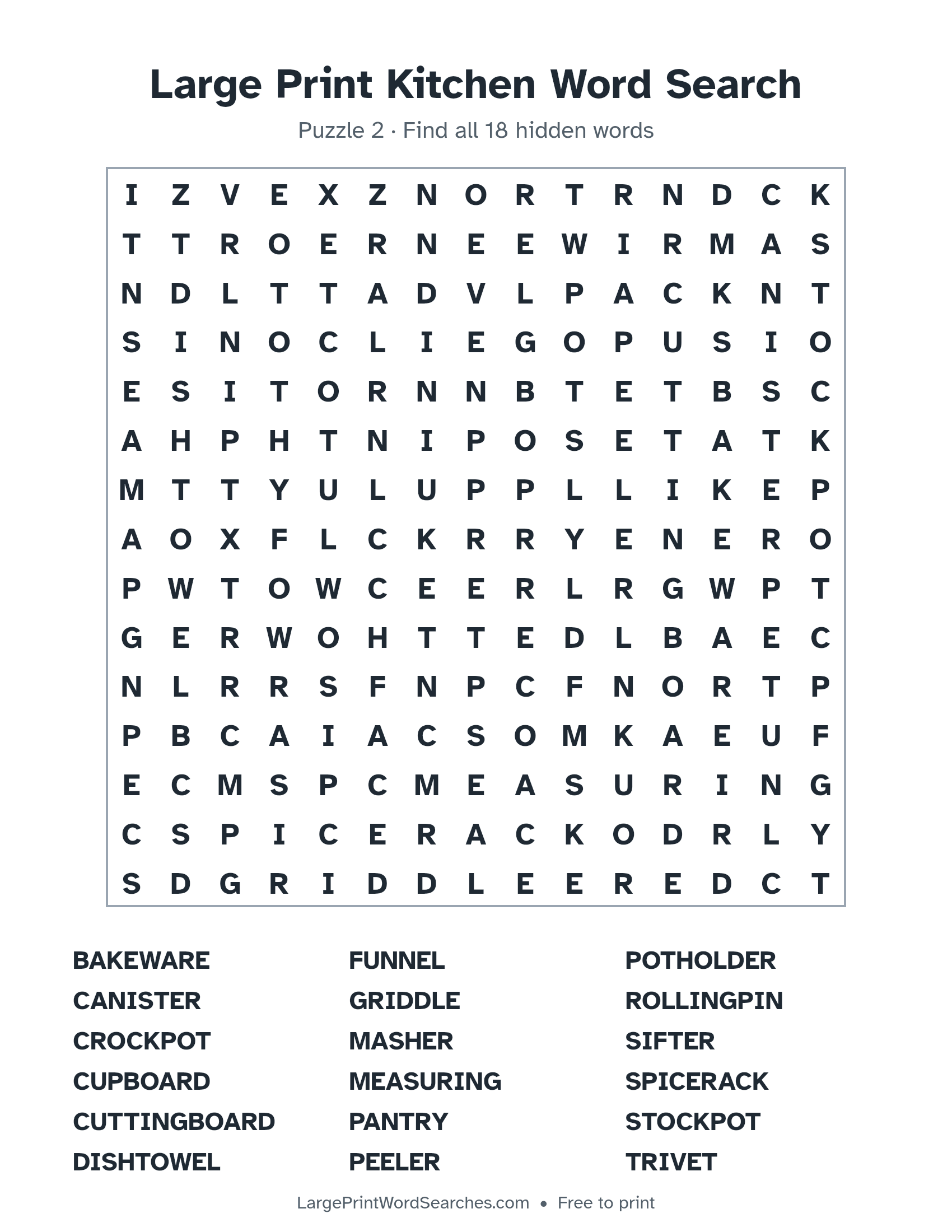 Large Print Kitchen Word Search puzzle 2: a 15 by 15 letter grid with 18 hidden words in large print