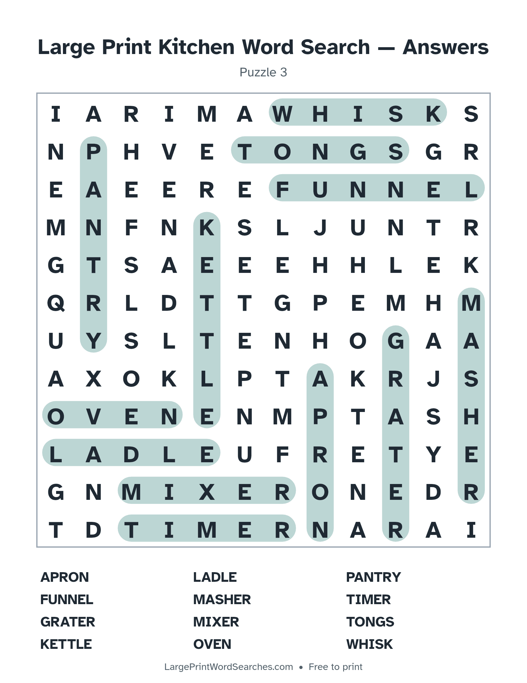 Answer key for large print kitchen word search puzzle 3 with every hidden word highlighted