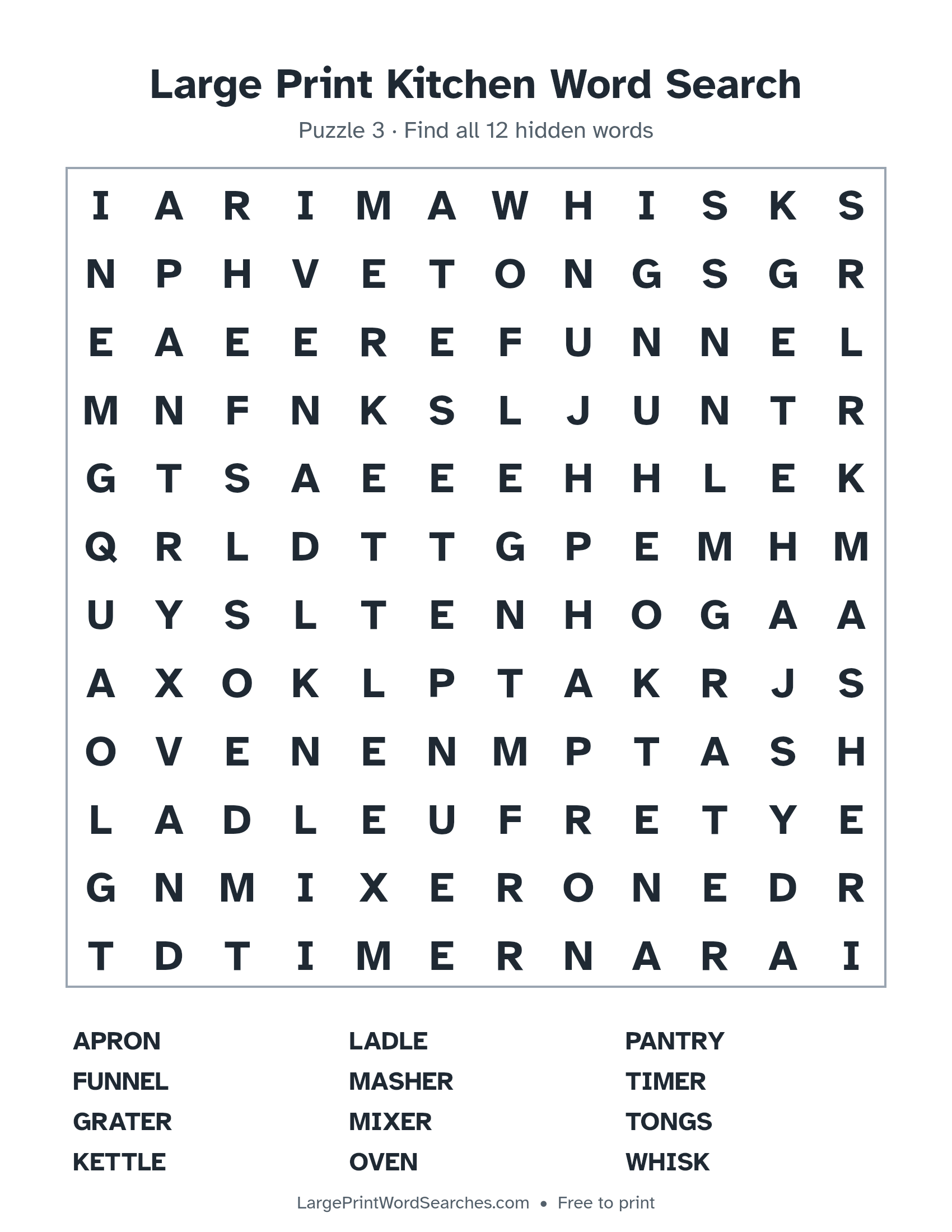Large Print Kitchen Word Search puzzle 3: a 12 by 12 letter grid with 12 hidden words in large print