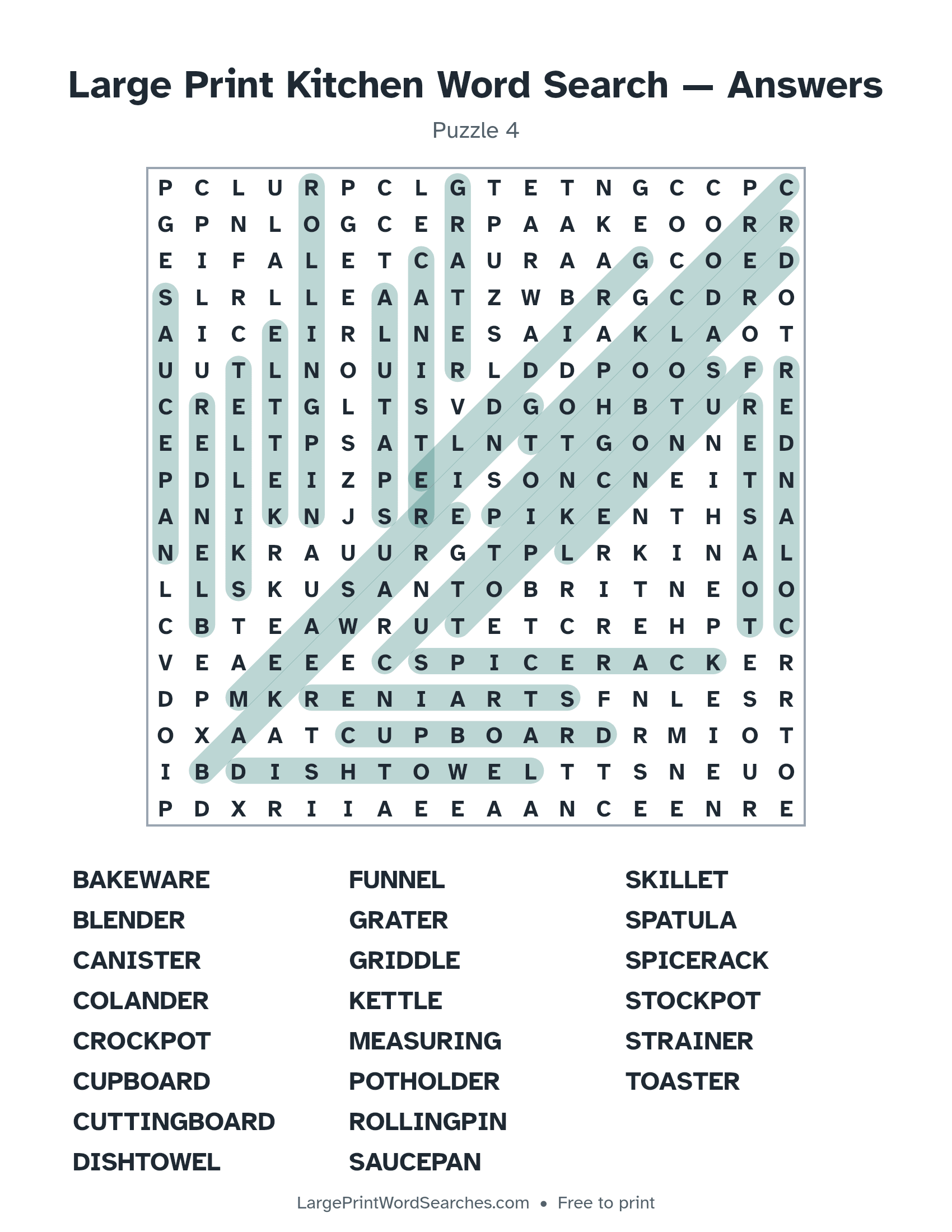 Answer key for large print kitchen word search puzzle 4 with every hidden word highlighted